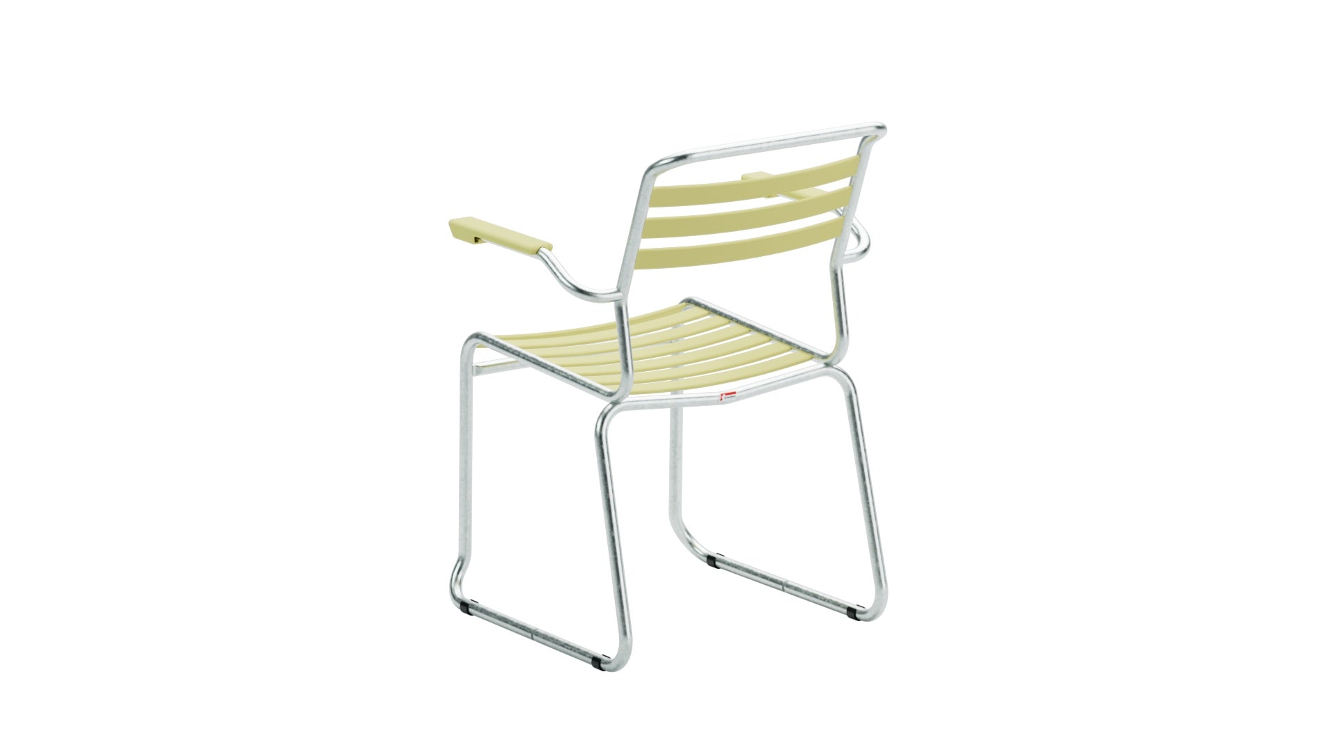 Stilvoller Säntis Lättli-Gartenstuhl mit Armlehnen und Kufen, wetterfest, langlebig, nachhaltige Materialien, Swiss Made, elegantes Design für Terrasse und Garten.