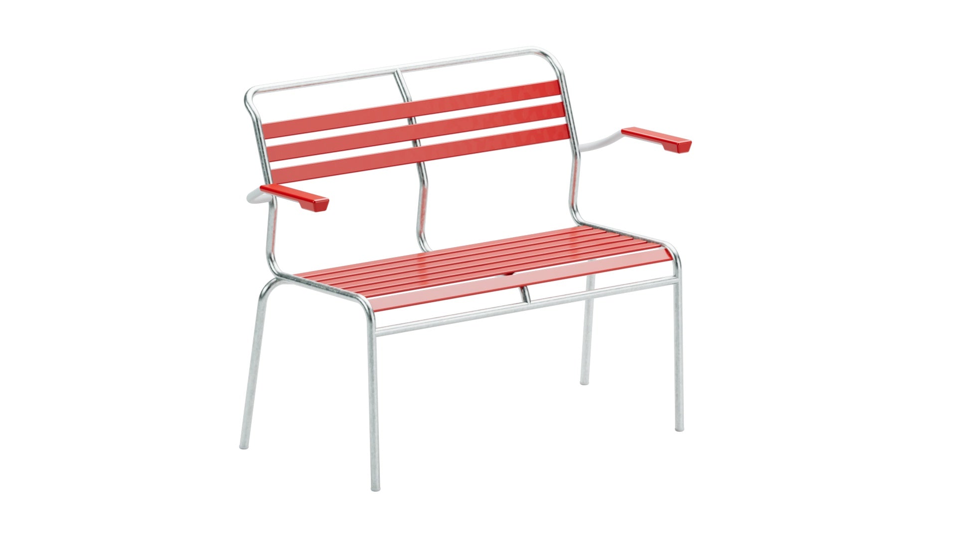 Elegante Säntis Lättli-2er Gartenbank mit Armlehne aus wetterfestem Metall, langlebig, pflegeleicht und ideal für stilvolle Außenbereiche im Garten, Balkon oder Terrasse.