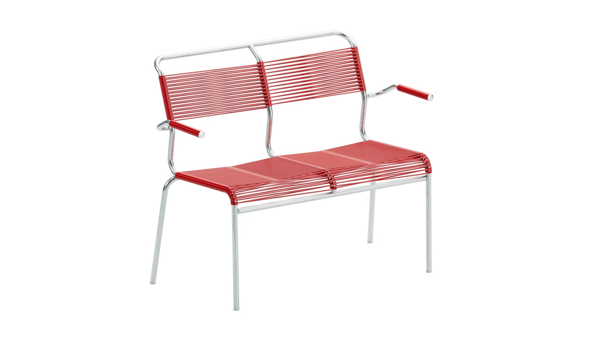 Hochwertige Säntis Spaghetti-2er Gartenbank mit Armlehne, wetterfestes Metall, recycelte OceanYarn®-Bespannung, langlebig, Swiss Made, ideal für Garten & Balkon.
