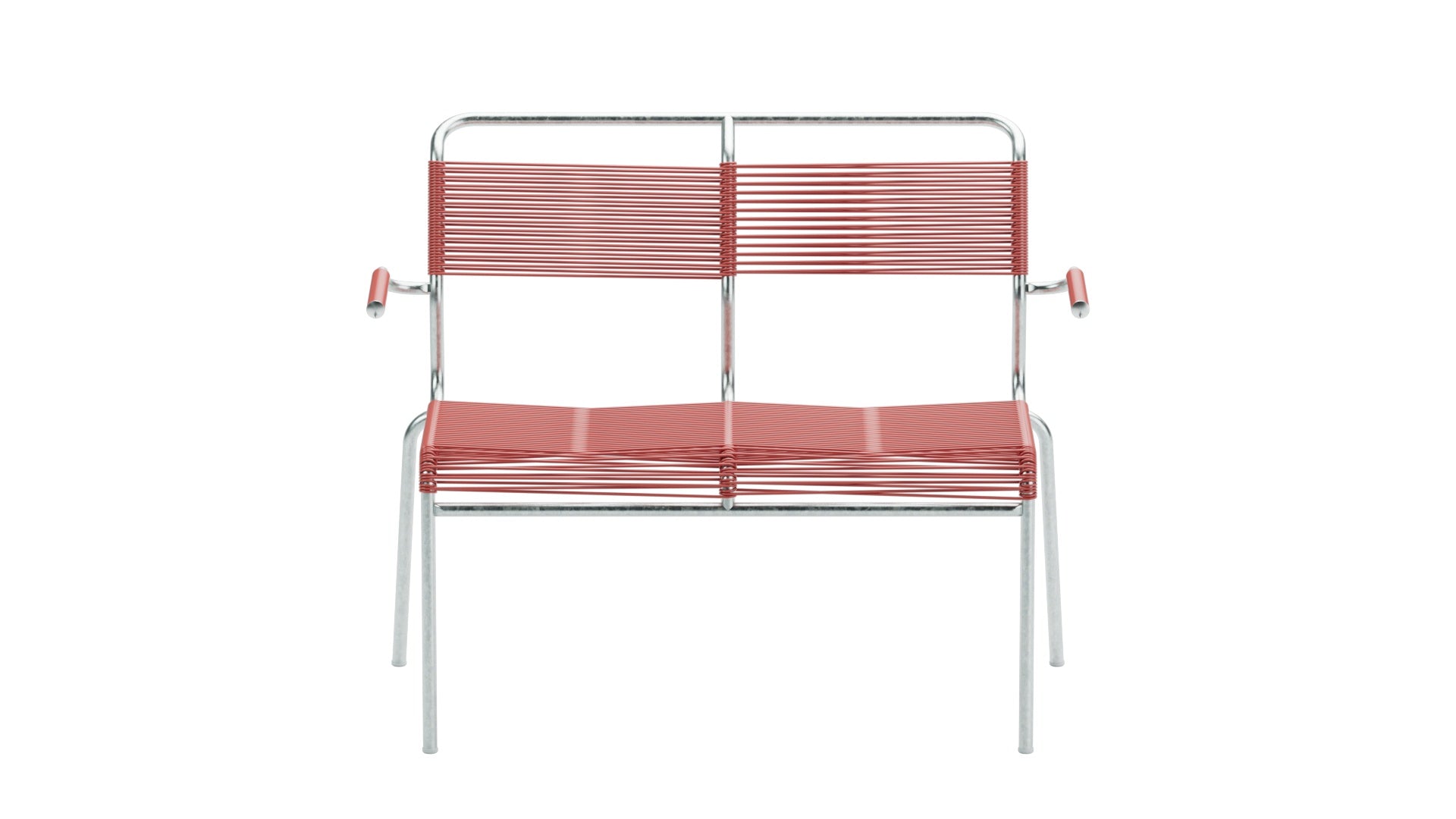 Zwei-sitzige Gartenbank Säntis Spaghetti mit komfortablen Armlehnen, robustes Design aus wetterfestem Metall und nachhaltiger OceanYarn®-Bespannung.