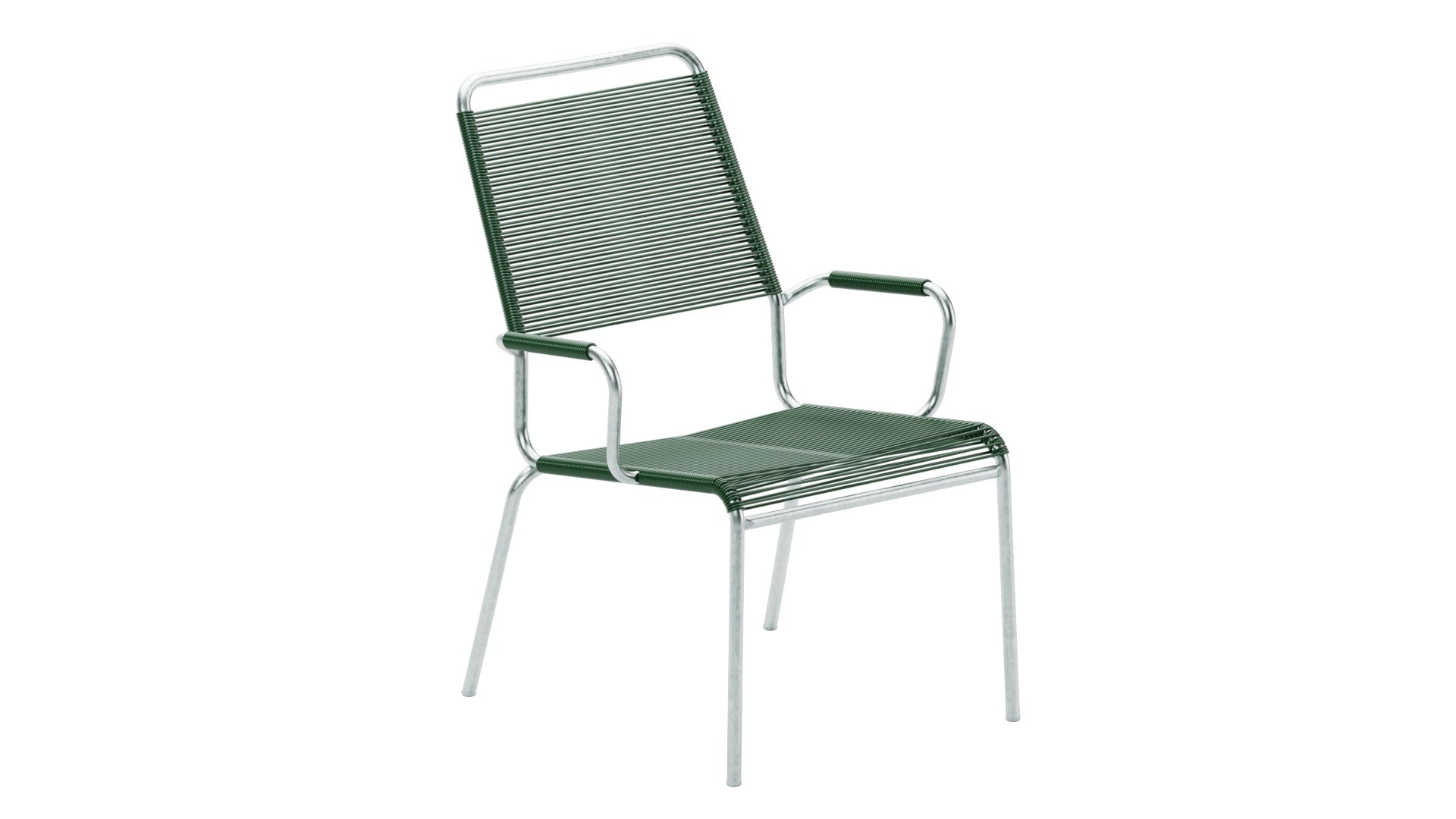 Rigi Spaghetti-Salonsessel mit Armlehne in Tannengrün präsentiert im Onlineshop von KAQTU Design AG. Gartenstuhl mit Armlehnen ist von Schaffner