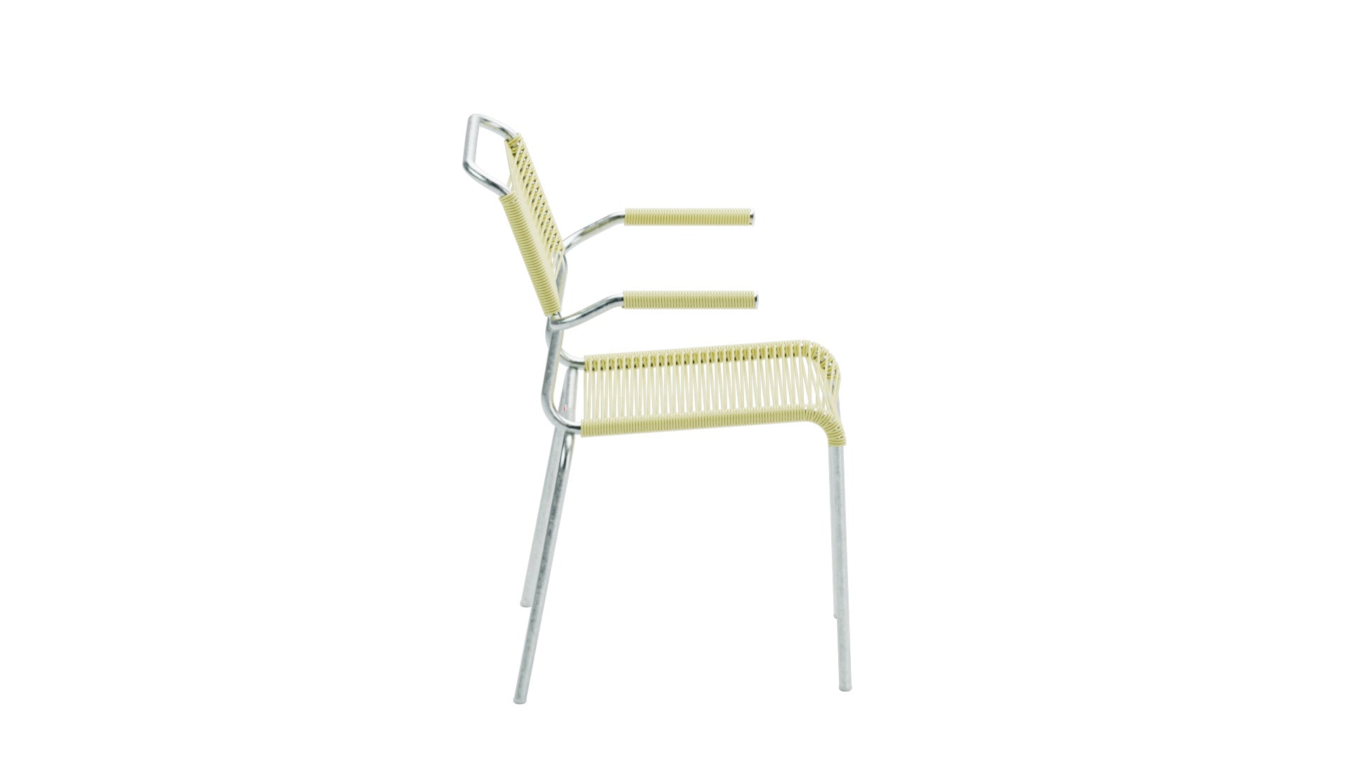 Säntis Spaghetti-Gartenstuhl mit Armlehne in Buchsbaumgelb präsentiert im Onlineshop von KAQTU Design AG. Gartenstuhl mit Armlehnen ist von Schaffner