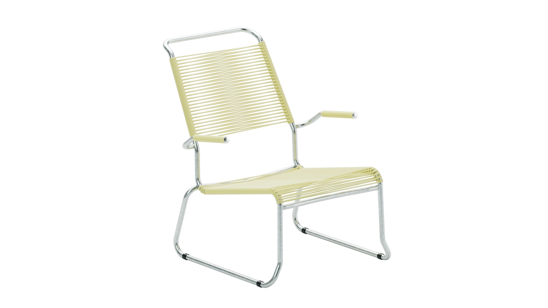 Hochwertiger Säntis Spaghetti-Lounger mit Armlehne, wetterfest, langlebig, Schweizer Qualität, nachhaltiges Outdoor-Möbel, Hochlehner Kufen.