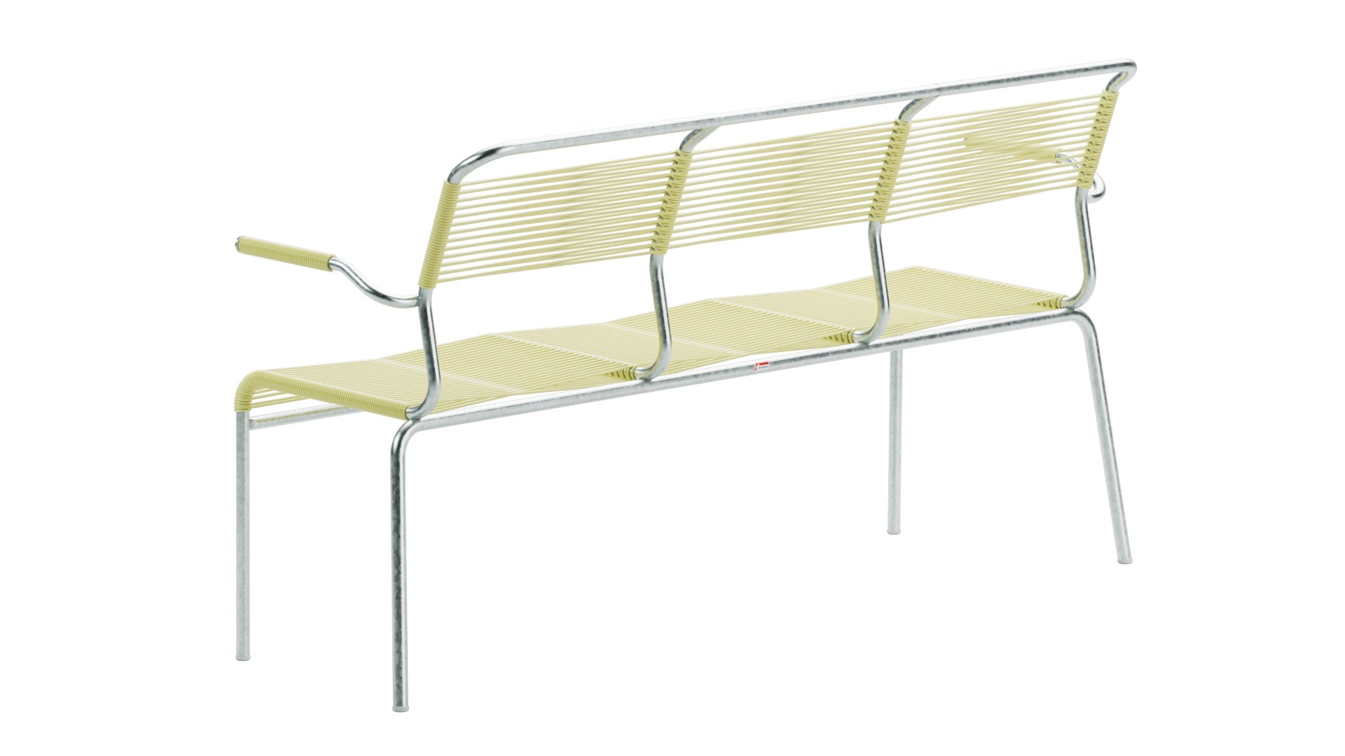 Robuste Säntis Spaghetti-3er-Gartenbank mit Armlehnen, wetterbeständiges OceanYarn®, nachhaltige Schweizer Herstellung, ideal für Garten, Balkon und Terrasse.