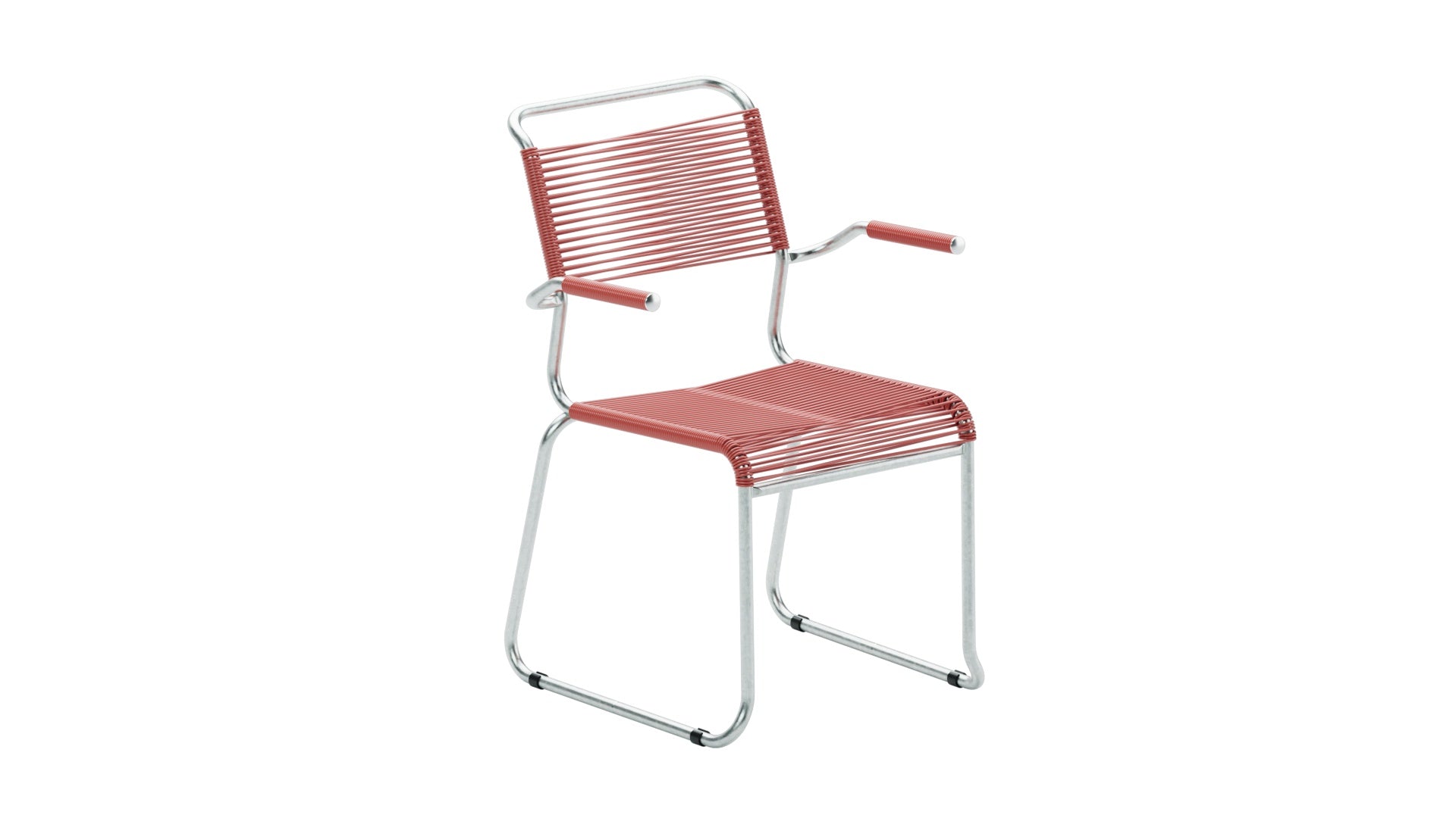 Eleganter Säntis Spaghetti-Gartenstuhl mit Armlehne, wetterfestes Metall, nachhaltige OceanYarn®-Bespannung, Schweizer Qualität, langlebig und stilvoll.