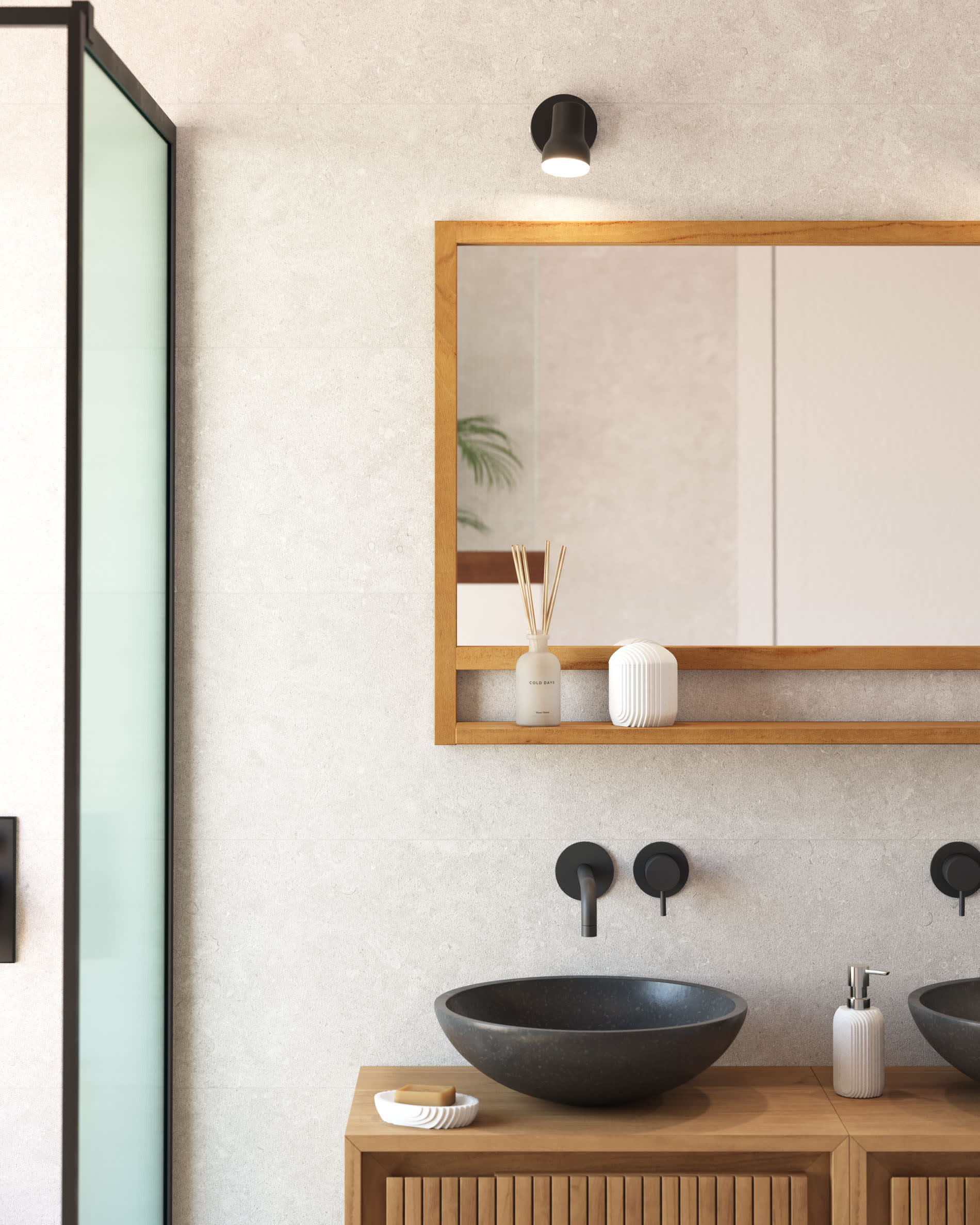 Moderner schwarzer Terrazzo-Waschtisch Delina Ø 40 cm von Kave Home, ideal für stilvolle Badezimmer.