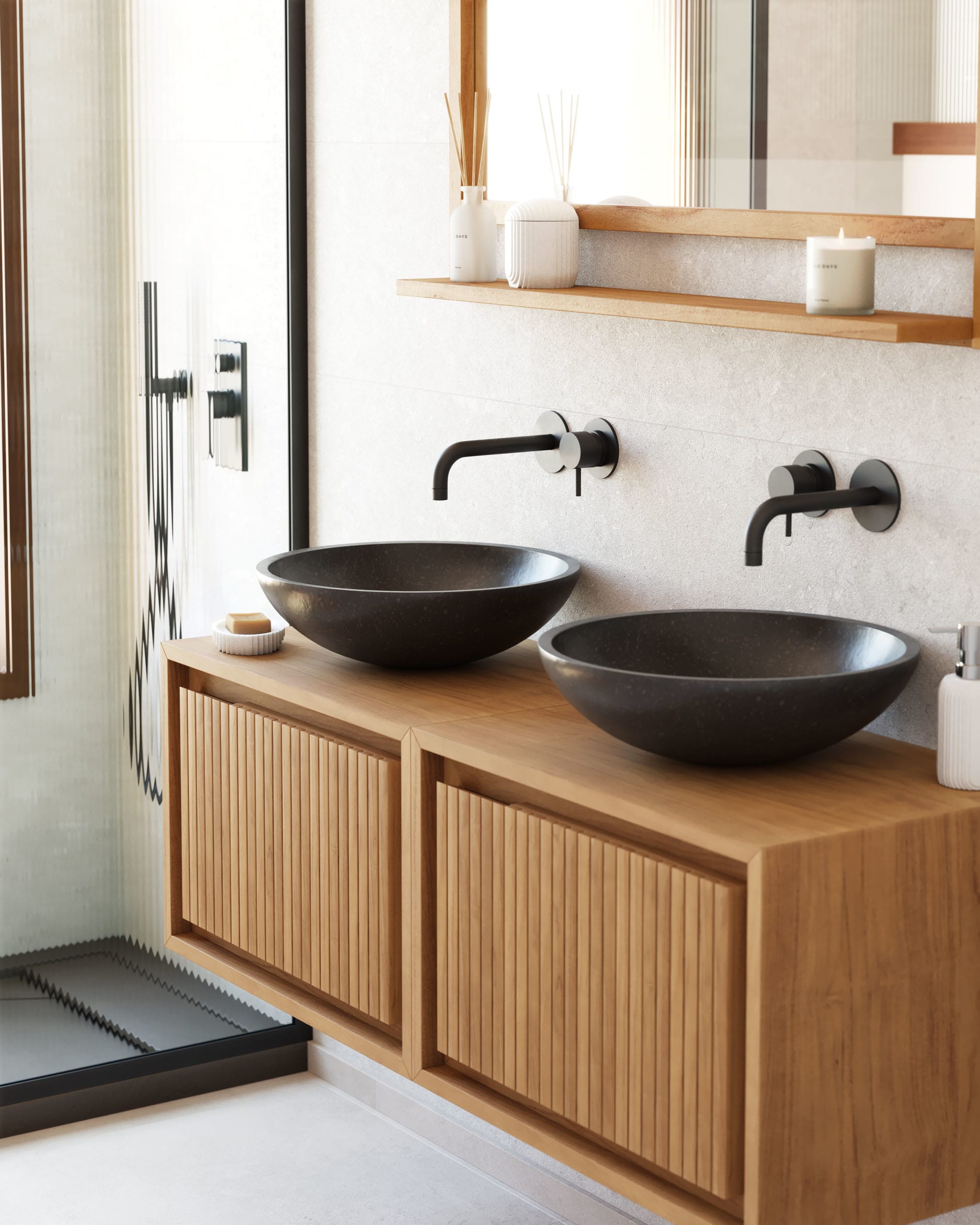 Eleganter Aufsatzwaschtisch Delina aus schwarzem Terrazzo, Ø 40 cm, von Kave Home – perfekt für moderne Badezimmer.