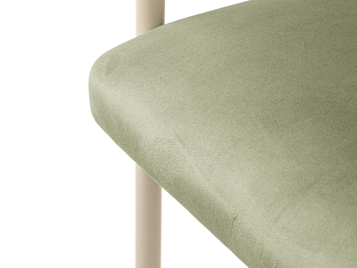 Zwei Lea Samt-Stühle von Cosmopolitan Design mit Buchenholzgestell, Stahlbeinen und Samtbezug in Ivory-Magic Velvet auf hellem Untergrund.