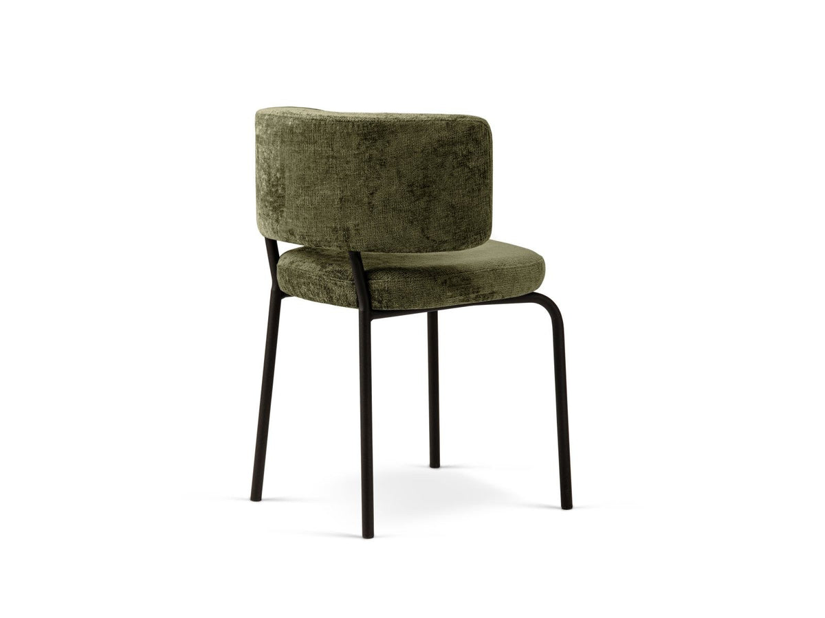 Zwei Stühle mit Buchenholz-Gestell, Stahlbeinen und grünem Chenille-Bezug Perfect Harmony, gepolsterte Sitzfläche und Rückenlehne.