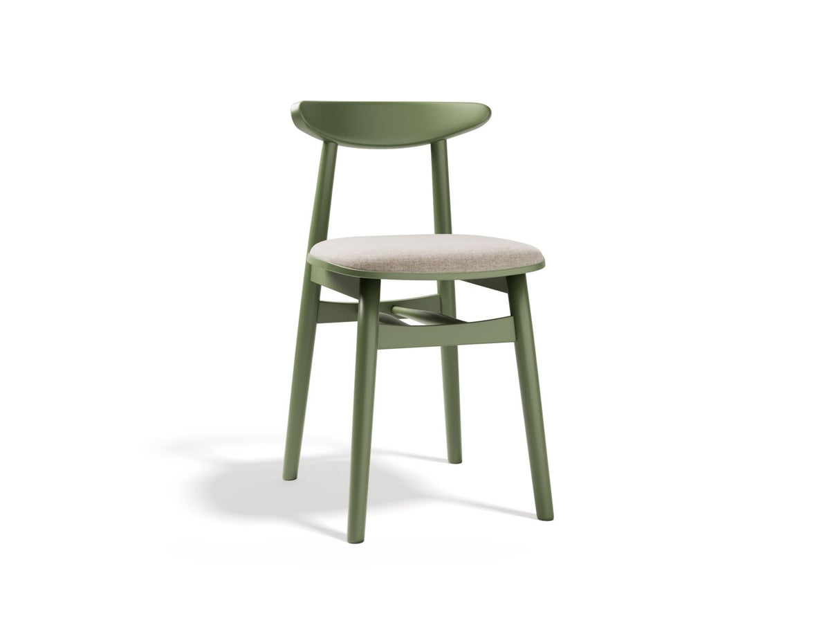 Zwei Stühle des Modells Bony aus Massivholz Buche mit gepolstertem Sitz und Rückenlehne in mint-farbenem Stoff, Beine aus Buchenholz.
