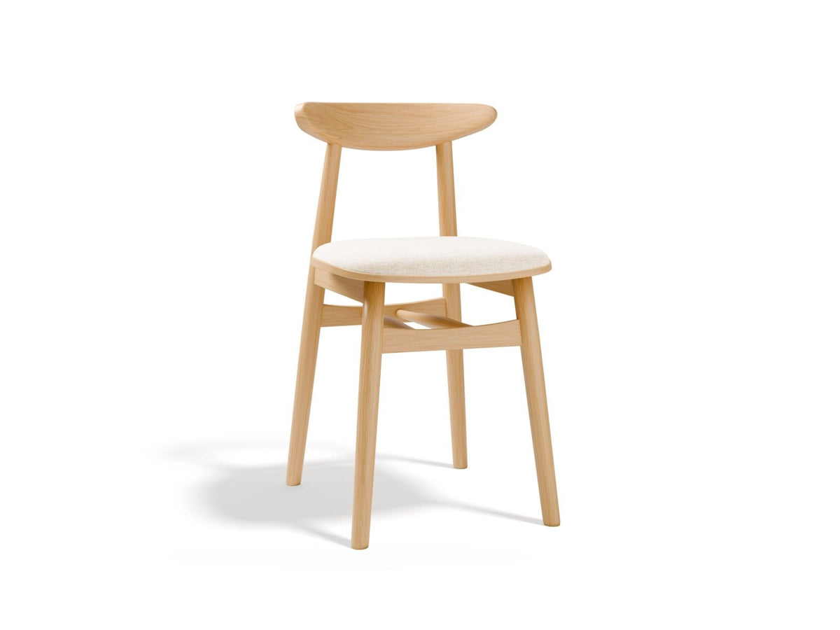 Zwei Stühle des Modells Bony aus Massivholz Buche mit gepolstertem Sitz und Rückenlehne in mint-farbenem Stoff, Beine aus Buchenholz.