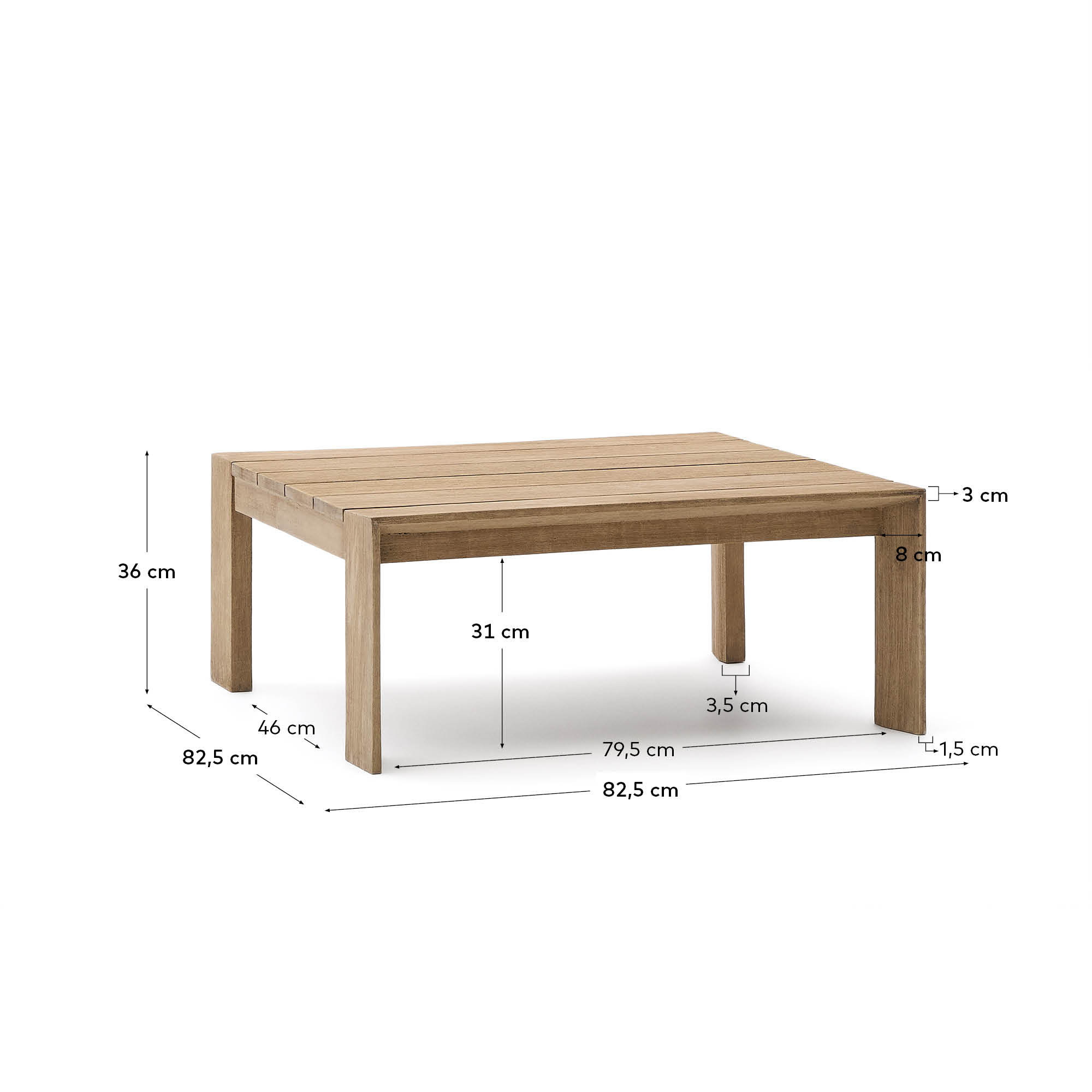 Eleganter Couchtisch Ambra aus robustem Akazienholz, 82,5 x 82,5 cm, mit hellem Finish. Ideal für drinnen und draußen, nachhaltig und pflegeleicht.