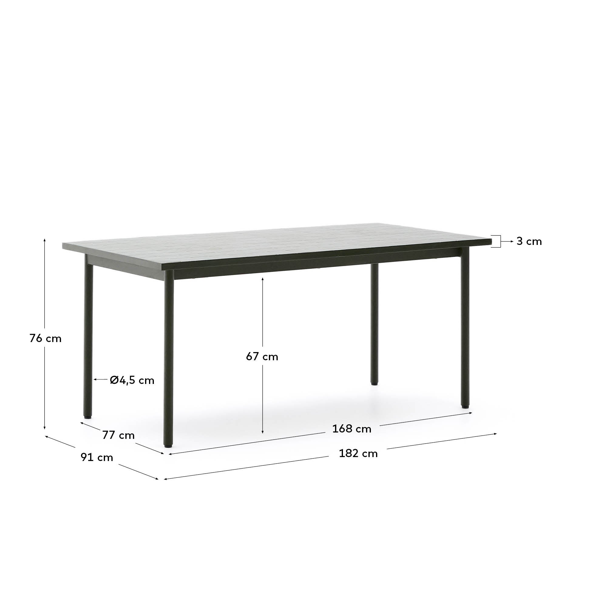 Erleben Sie den eleganten Outdoor-Tisch Maurina (182 x 91 cm) aus grün verzinktem Stahl und widerstandsfähigen Kacheln – ideal für entspannte Zusammenkünfte im Freien.