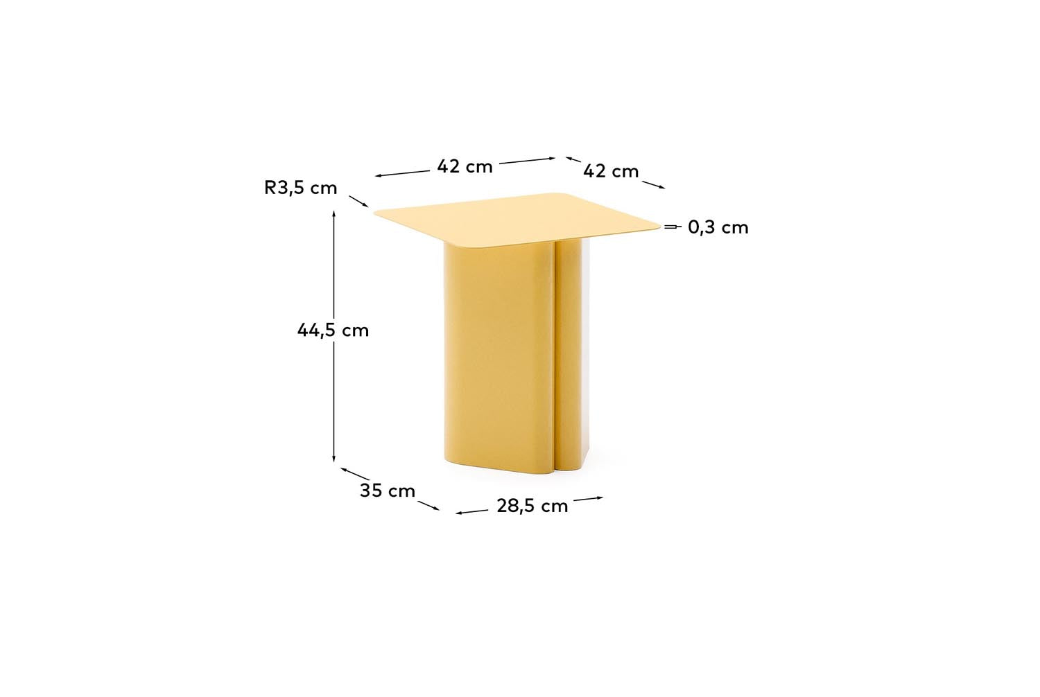 Verleihen Sie Ihrem Raum mit dem Beistelltisch Arvin von Kave Home in leuchtendem Gelb einen modernen Akzent. Der 42 x 42 cm große Tisch aus robustem Eisen kombiniert stilvolle Eleganz mit praktischer Funktionalität.