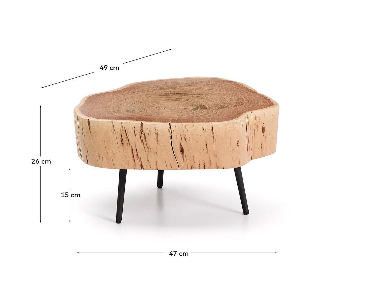 Couchtisch Tavine aus massivem Akazienholz mit gebleichtem Finish und schwarzen Stahlbeinen Ø 49 cm in Beige präsentiert im Onlineshop von KAQTU Design AG. Beistelltisch ist von Kave Home