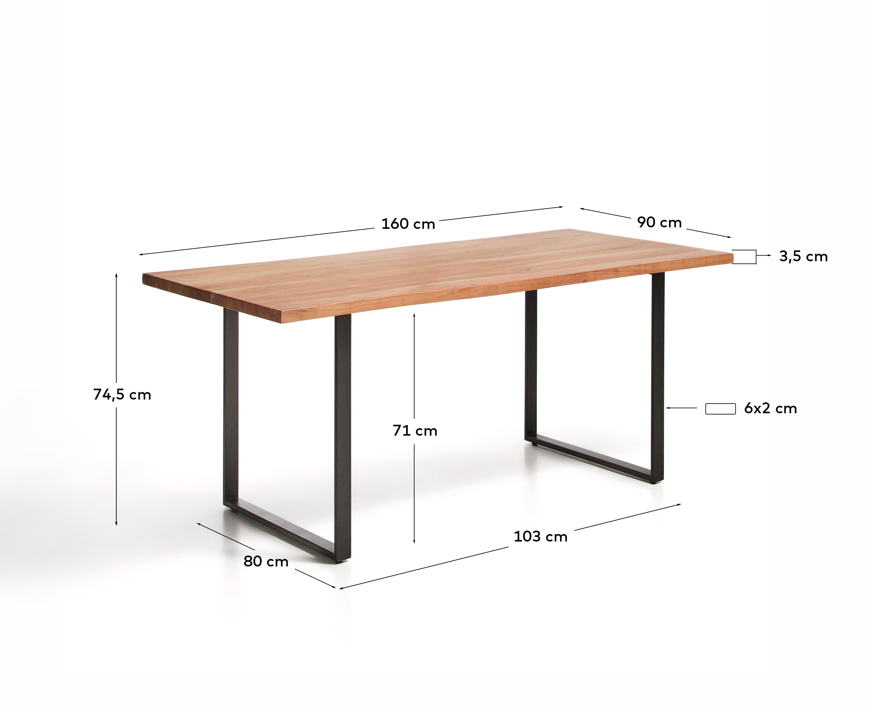 Tisch Uxue aus massivem Akazienholz mit Beinen aus schwarzem Stahl 160 x 90 cm in Natur präsentiert im Onlineshop von KAQTU Design AG. Esstisch ist von Kave Home