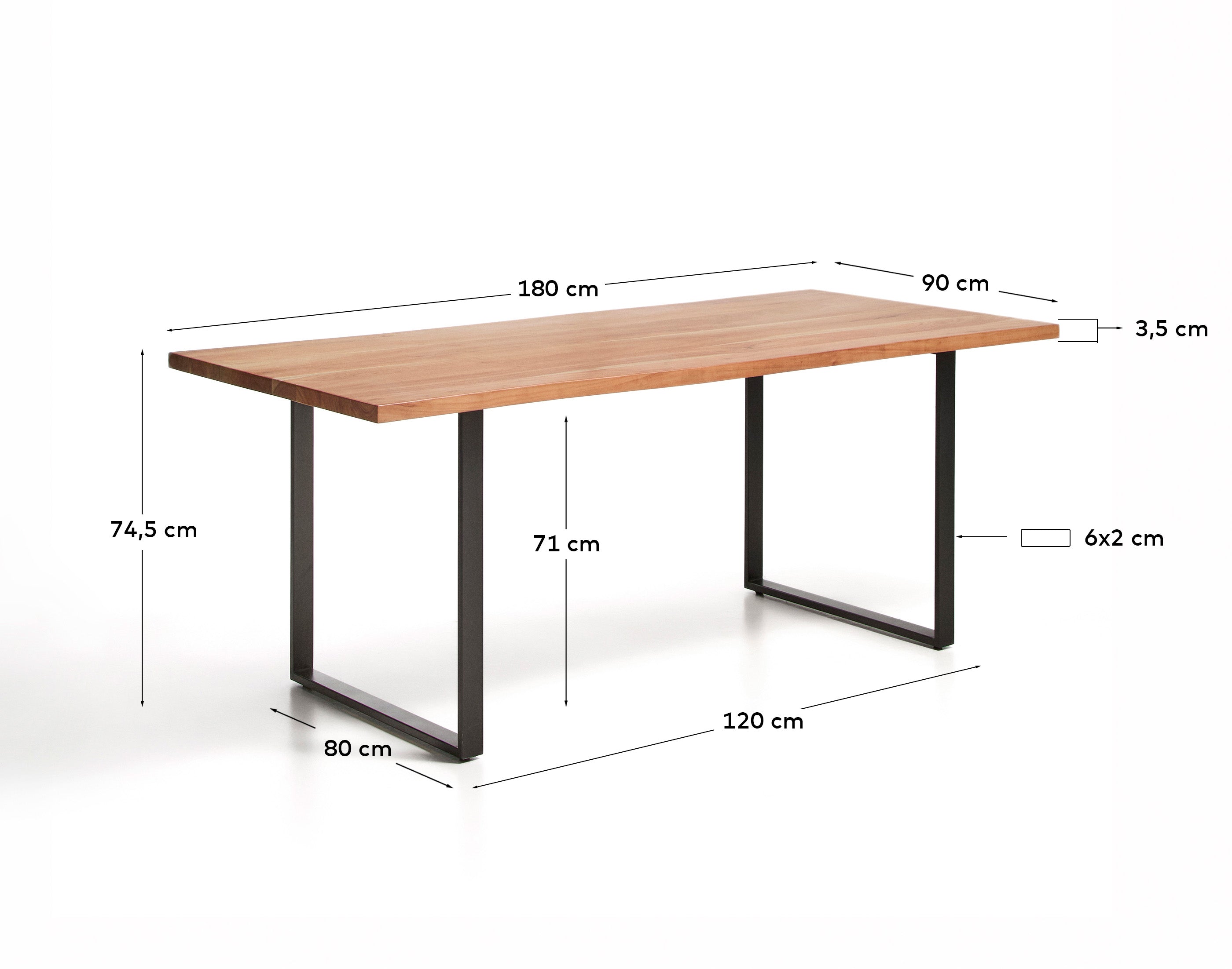 Tisch Uxue aus massivem Akazienholz mit Beinen aus schwarzem Stahl 180 x 90 cm in Natur präsentiert im Onlineshop von KAQTU Design AG. Esstisch ist von Kave Home