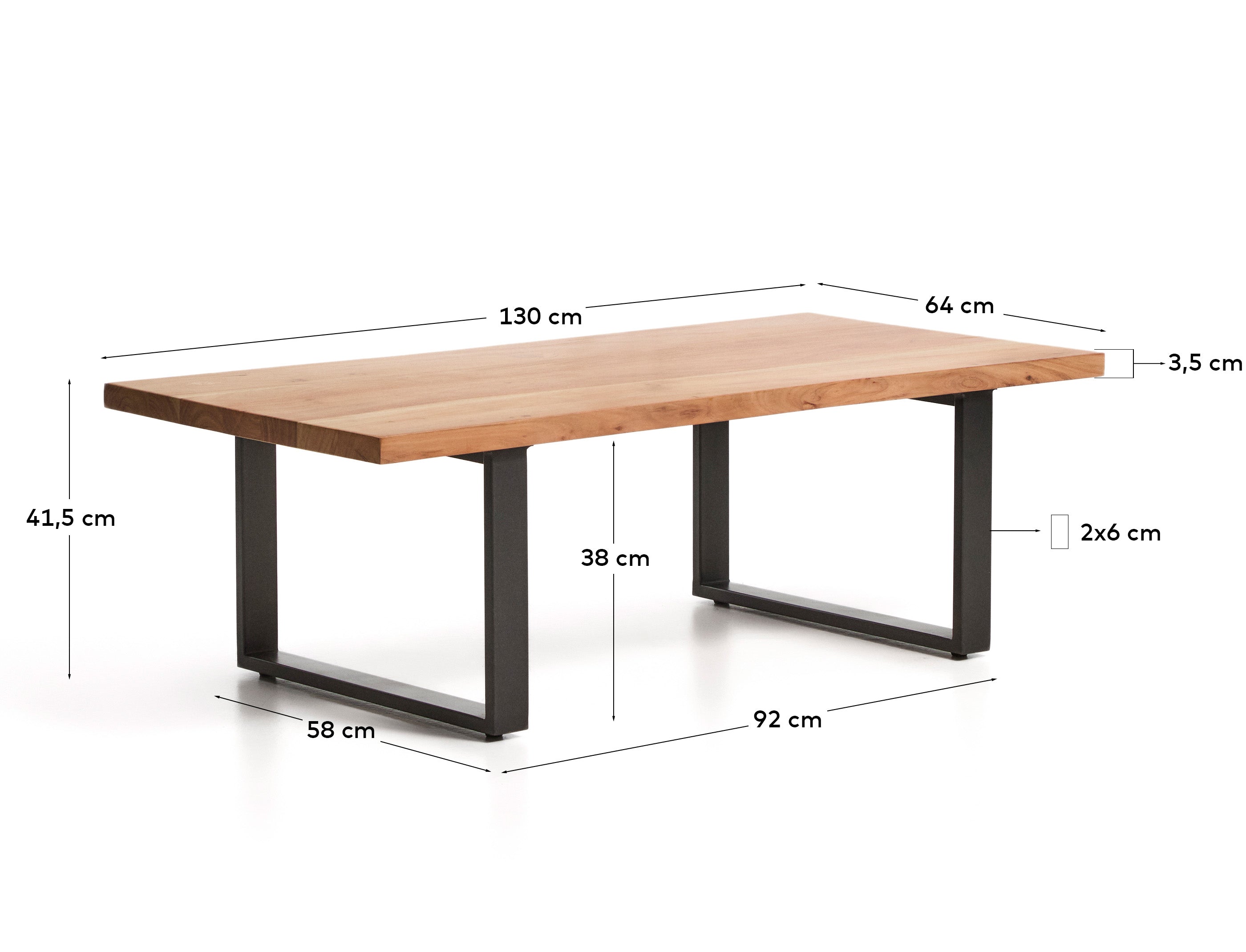 Couchtisch Uxue aus massivem Akazienholz mit Beinen aus schwarzem Stahl 130 x 64 cm in Natur präsentiert im Onlineshop von KAQTU Design AG. Couchtisch ist von Kave Home