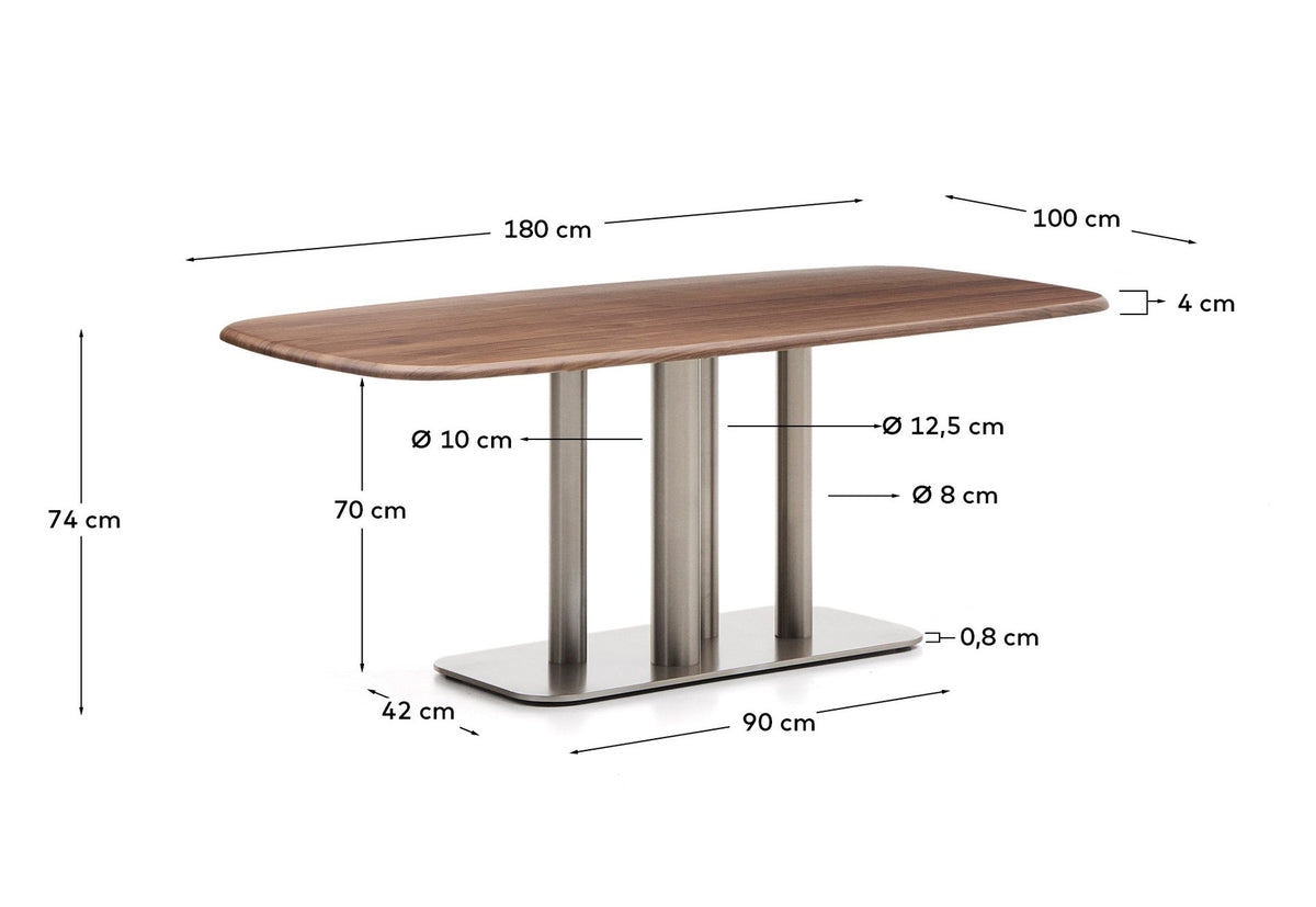 Tisch Melvar aus Nussbaumfurnier und Beine mit gebürsteter Edelstahlbasis 180 x 100 cm FSC 100% in Dunkelbraun präsentiert im Onlineshop von KAQTU Design AG. Esstisch ist von Kave Home