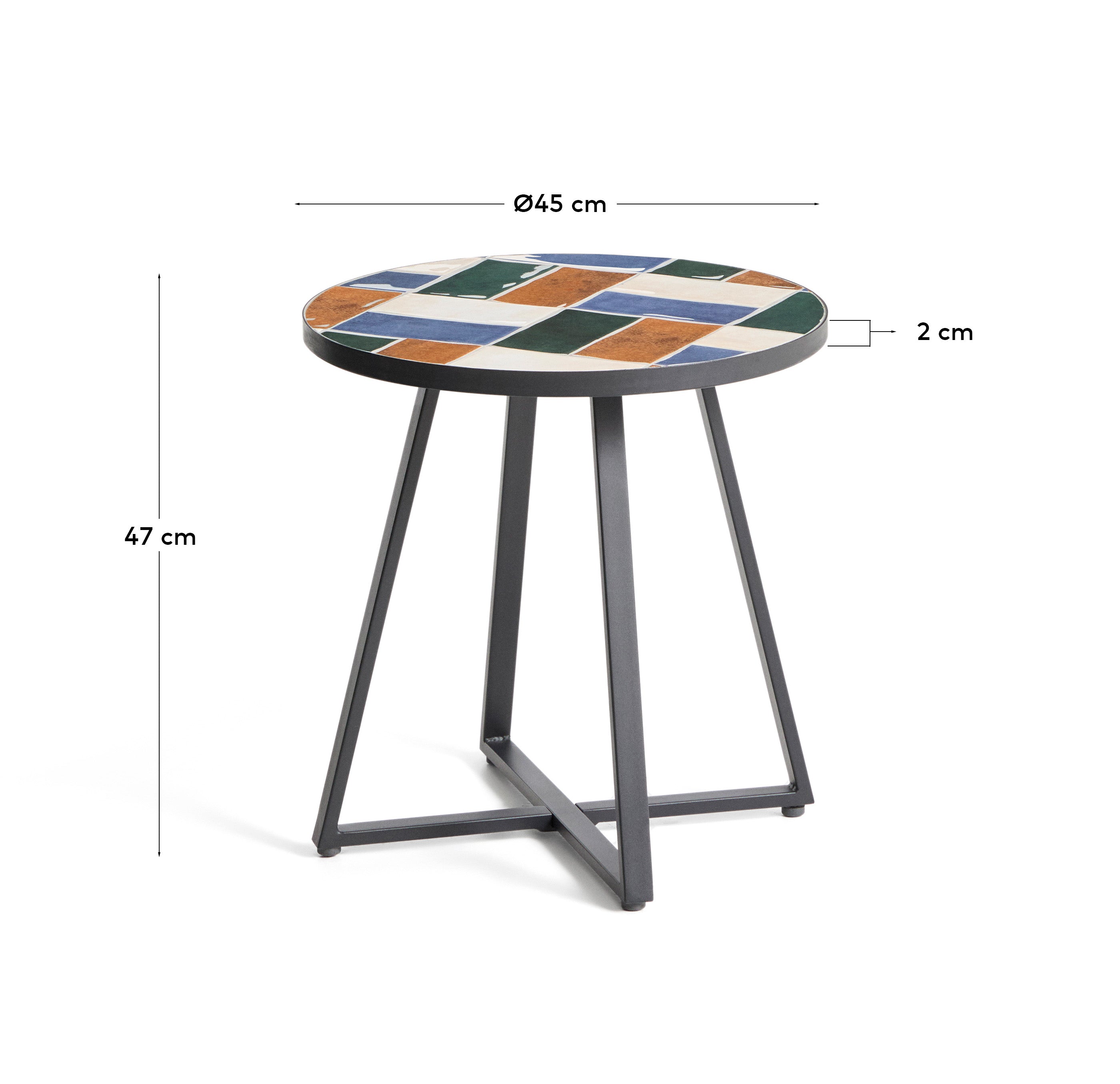 Eleganter runder Beistelltisch Tella aus grafitfarbenem verzinktem Stahl, geschmückt mit farbenfrohen Fliesen, perfekt für Garten und Terrasse.