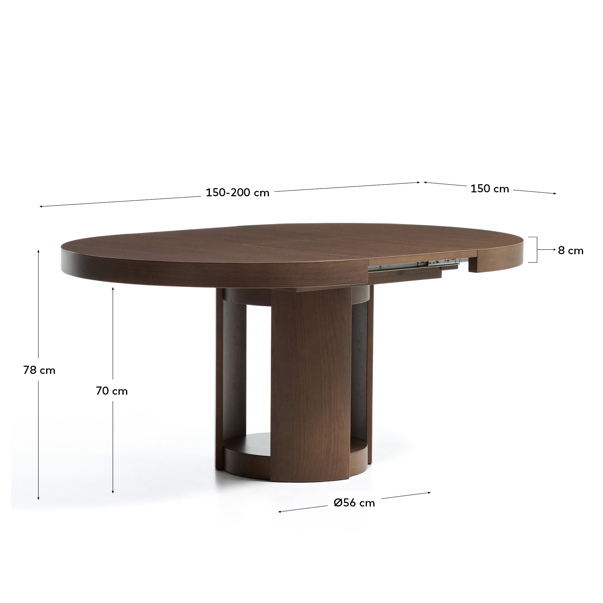 Artis ausziehbarer runder Tisch aus Massivholz und Eichenfurnier mit Walnuss-Finish, FSC 100%, 150 (200) x 80 cm in Dunkelbraun präsentiert im Onlineshop von KAQTU Design AG. Esstisch ist von Kave Home