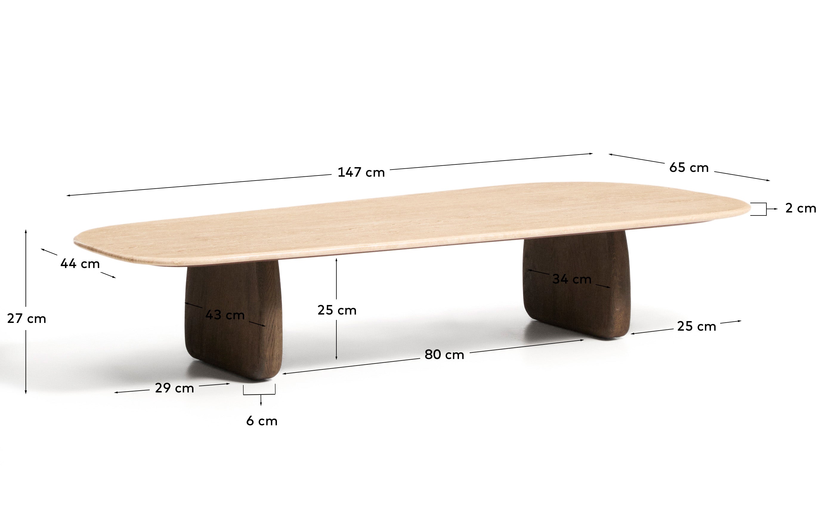 Couchtisch Pirita aus beigem Travertin mit Beinen aus massivem Eichenholz mit dunklem Finish, 147 x 65 cm, FSC 100 % in Beige präsentiert im Onlineshop von KAQTU Design AG. Couchtisch ist von Kave Home