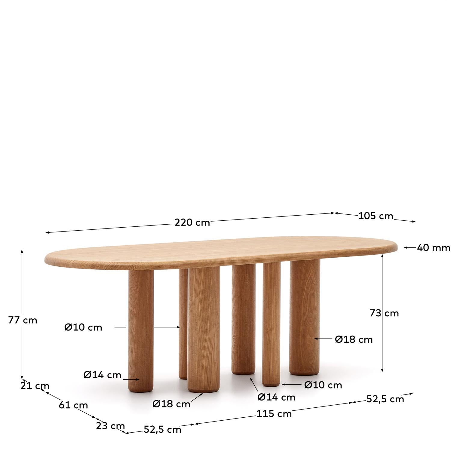 Ovaler Esstisch aus hochwertigem Eschenfurnier, Ø 220 cm, von Kave Home. Ideal für gesellige Runden, vereint Eleganz und Funktionalität.
