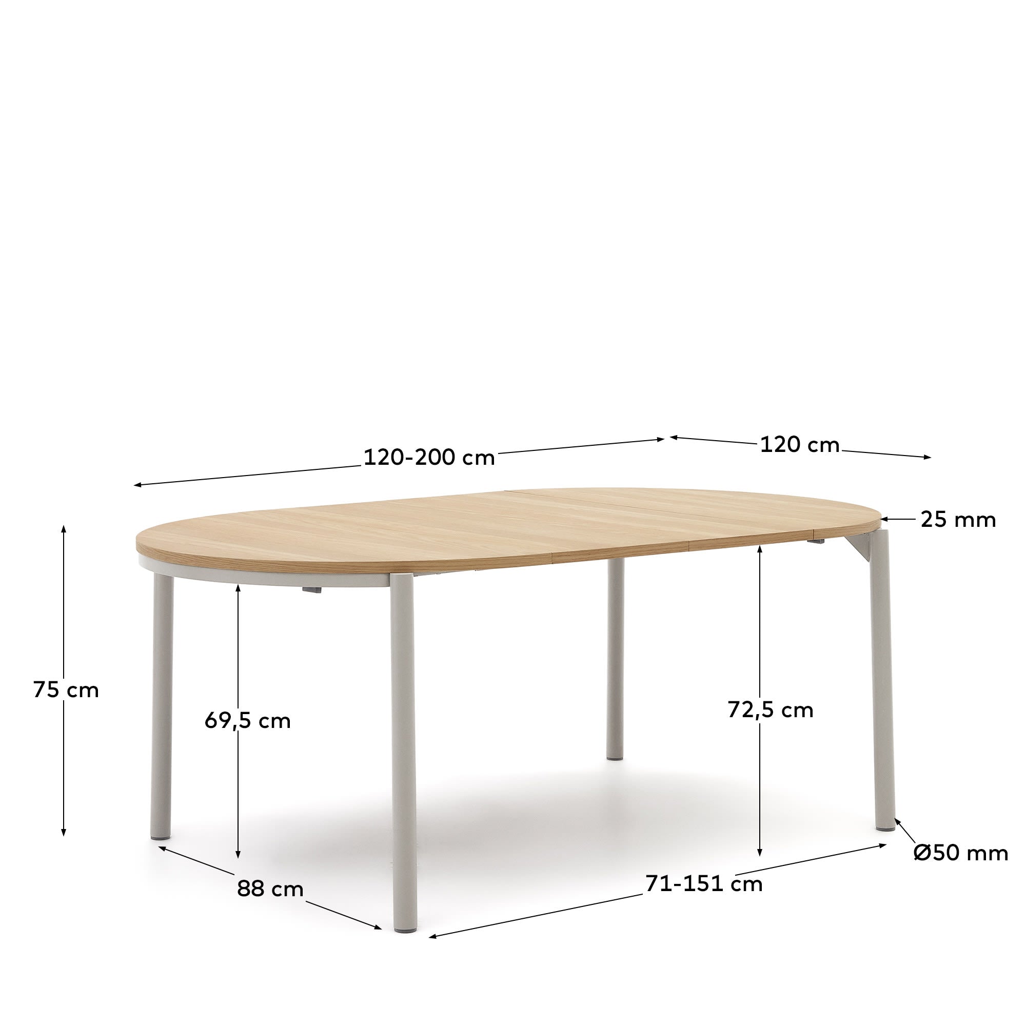 Moderner runder Ausziehtisch mit Eichenfurnier und grauen Stahlbeinen, Ø 120-200 cm, ideal für stilvolle Esszimmer und flexible Anlässe.