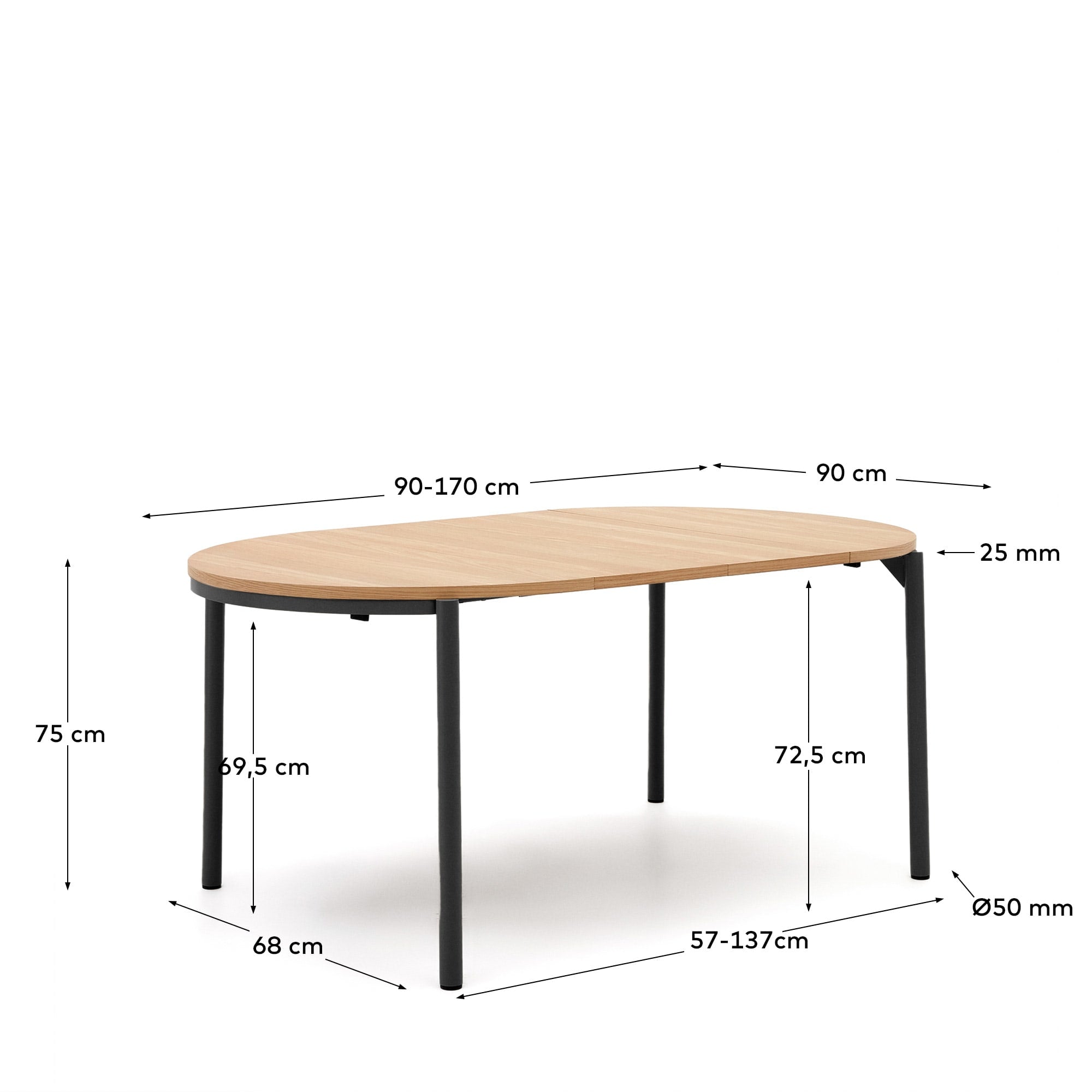 Eleganter Montuiri Ausziehtisch von Kave Home, Ø90(170) cm, Eichenfurnier und schwarze Stahlbeine – perfekt für flexible Esszimmergestaltung.