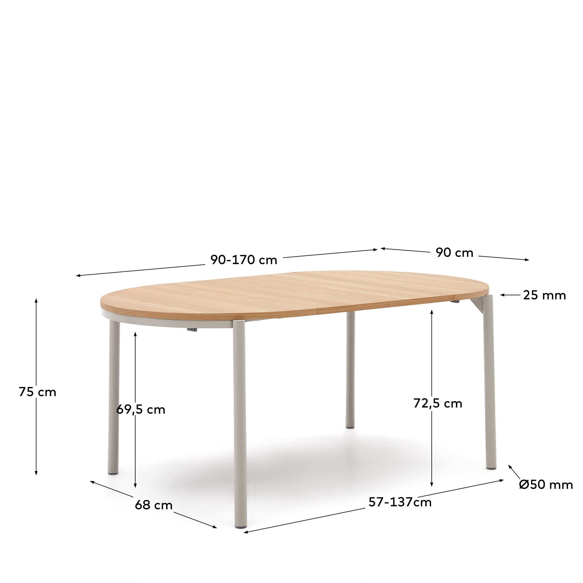 Eleganter Montuiri Ausziehtisch von Kave Home, Ø90 cm, aus Eichenfurnier mit stabilen Stahlbeinen in Grau. Ideal für flexible Esszimmergestaltung.