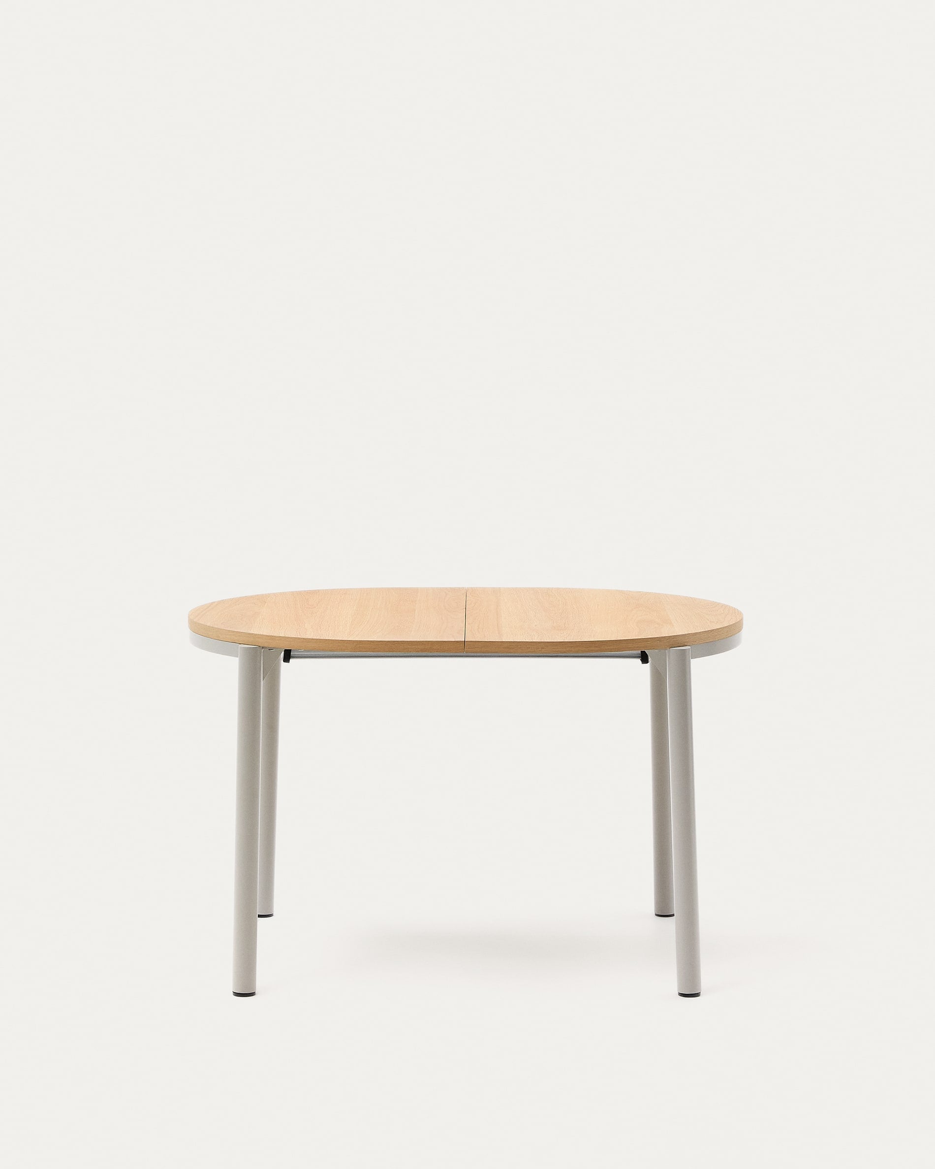 3D-Modell eines eleganten Ausziehtischs mit Eichenfurnier und grauen Stahlbeinen, erweiterbar von 120 auf 200 cm.