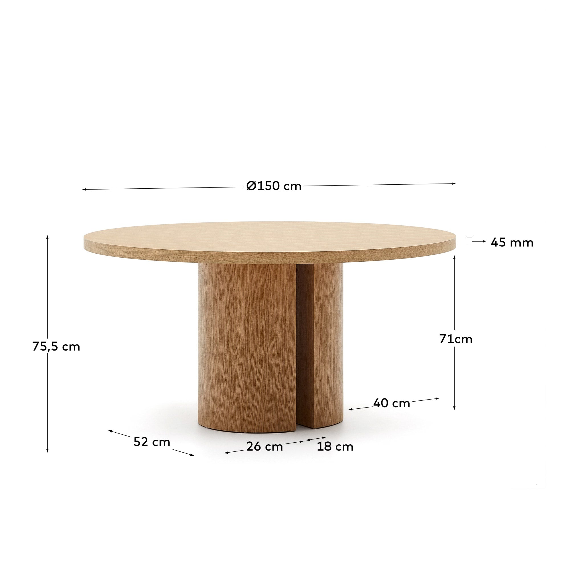 Eleganter runder Esstisch aus Eichenfurnier, Ø 150 cm, mit natürlichem Finish. Ideal für gemütliche Familienessen und modernes Wohndesign.