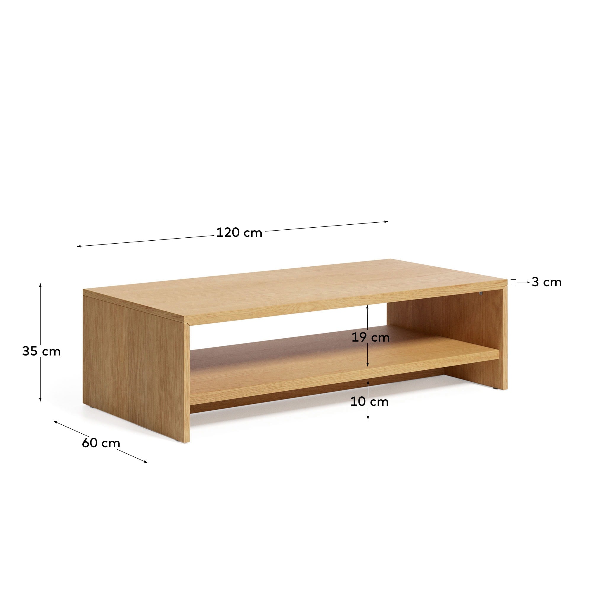 Eleganter Abilen Couchtisch aus FSC-zertifiziertem Eichenfurnier, 120 x 60 cm. Robust, vielseitig und perfekt für jedes Wohnzimmer.