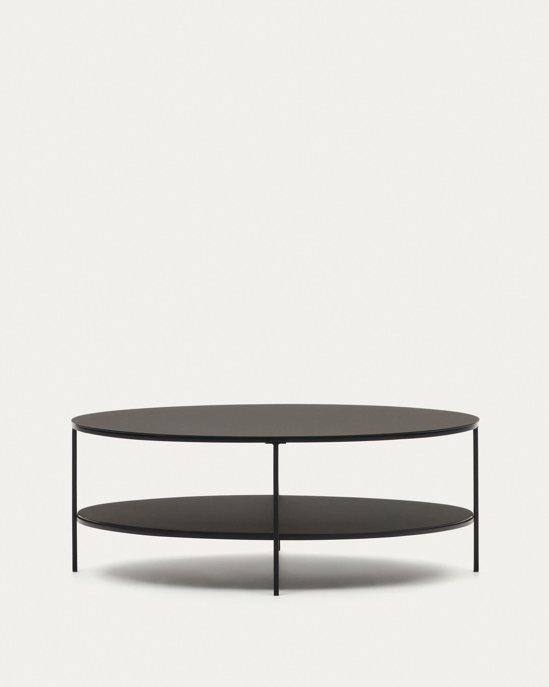 3D-Modell eines eleganten, modernen Fideia Couchtischs aus Glas und mattschwarzem Metall, Ø 110 x 65 cm.