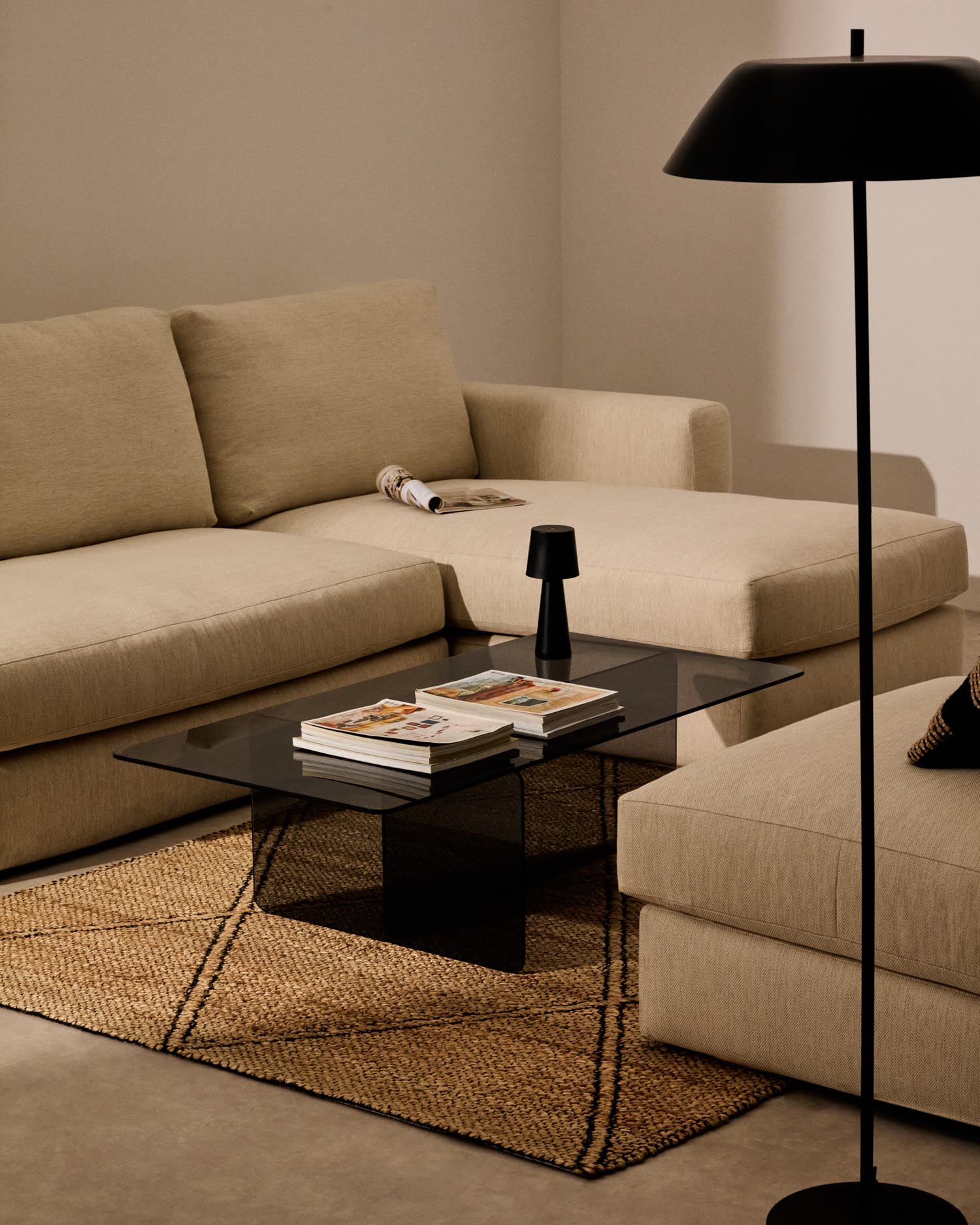 Eleganter Couchtisch aus grauem Glas, robust und stilvoll, passt perfekt in moderne Wohnräume. Masse: 120 x 60 cm.