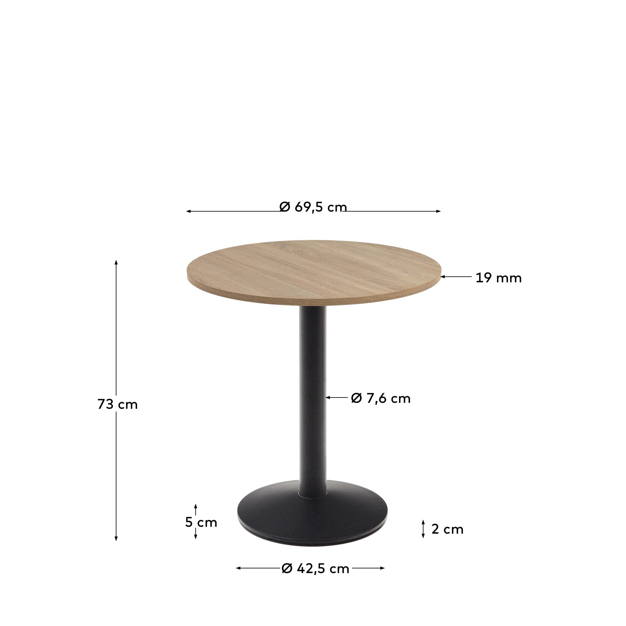 Der Esilda Tisch von Kave Home vereint modernes Design mit Funktionalität: Melaminplatte in Natur, Ø70 cm, und robuste schwarze Metallbeine.