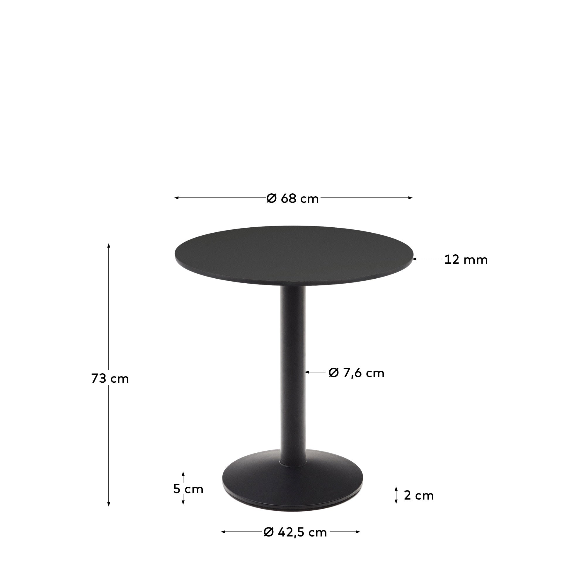 Eleganter runder Tisch Esilda in Schwarz, Ø 70 cm, aus langlebigem HPL und stabilen Metallbeinen – perfekt für stilvolle Outdoor-Momente.