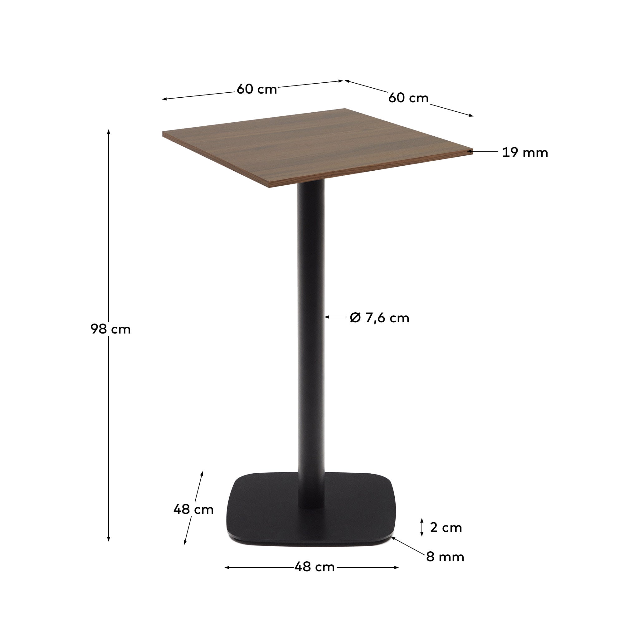 Eleganter Dina Stehtisch in warmem Nussbaum mit stabilen, schwarzen Metallbeinen. Perfekt für gesellige Runden und moderne Wohnräume.