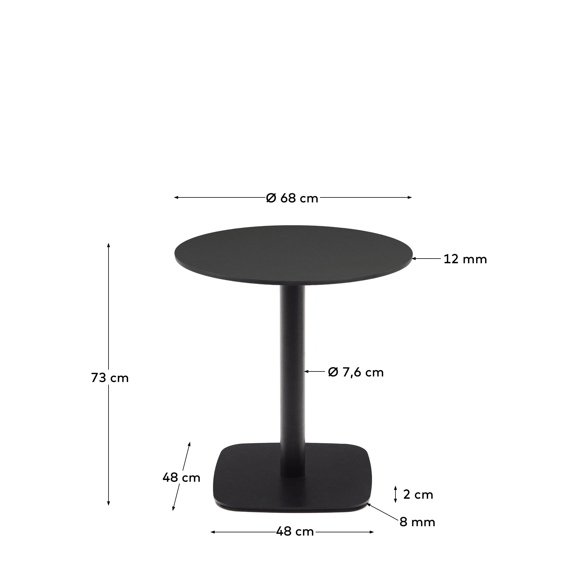 Runder Outdoor-Tisch Dina in Schwarz, Ø 68 cm. Robuste HPL-Tischplatte und modernes Metallgestell für langlebige Eleganz im Freien.