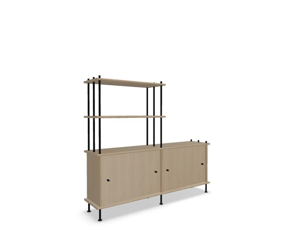 Holz-Halbregal Bava BV16P20 von Tamo: Standregal mit ruhigen Holzton, offener Aufbau, dekorativ platzierte Regalfächer und stabile Metallstangen, modernes Mobiliar