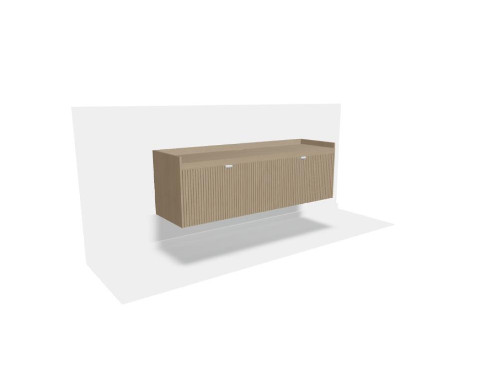 TV-Schrank Meda aus Eichen-Leimholz in Eiche Natur mit gerillten Fronten, Aluminiumgriffen und hängender Wandmontage.