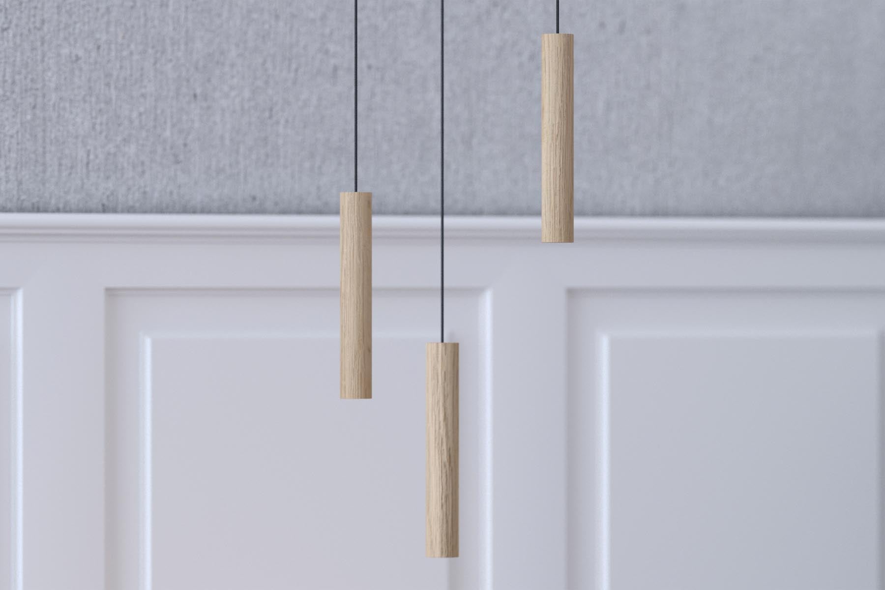 Moderne Chimes Pendellampe aus Eichenholz, die durch ihr schlichtes Design und sanfte Beleuchtung eine gemütliche Atmosphäre schafft.