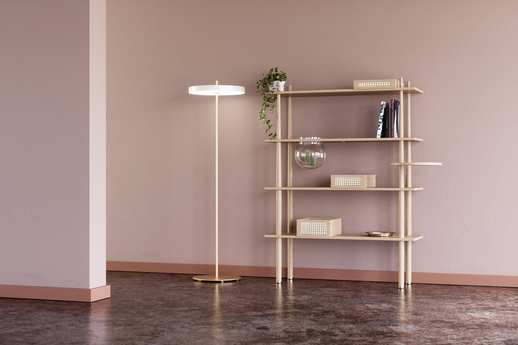 Moderne Asteria Stehleuchte in Pearl White, harmonisch in ein zeitgemäßes Interieur integriert, perfekt für gemütliche Lichtakzente.