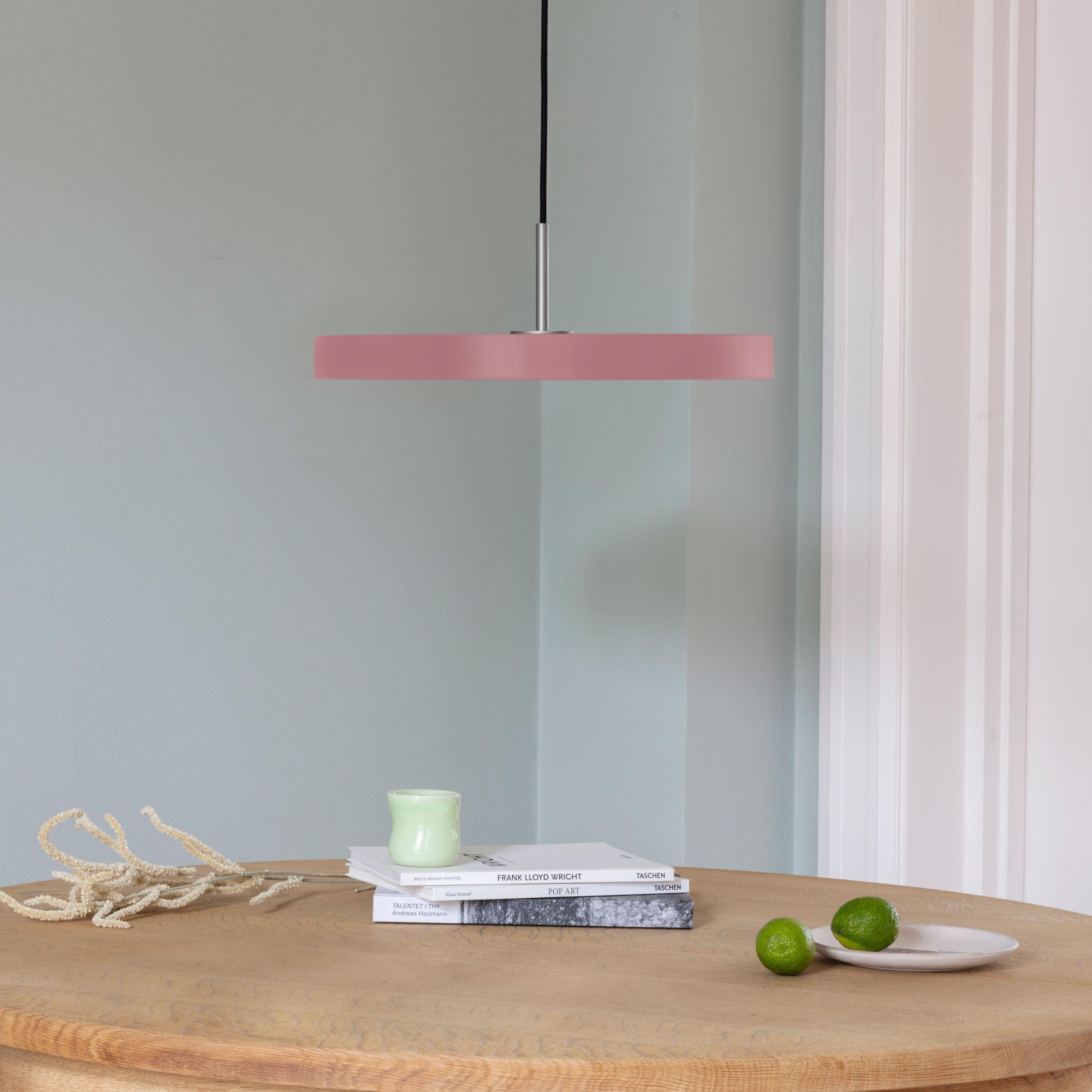 Stilvolle Asteria Medium Pendellampe in zartem Rosé, perfekt für zeitgemäße Innenräume und gemütliche Lichtakzente.
