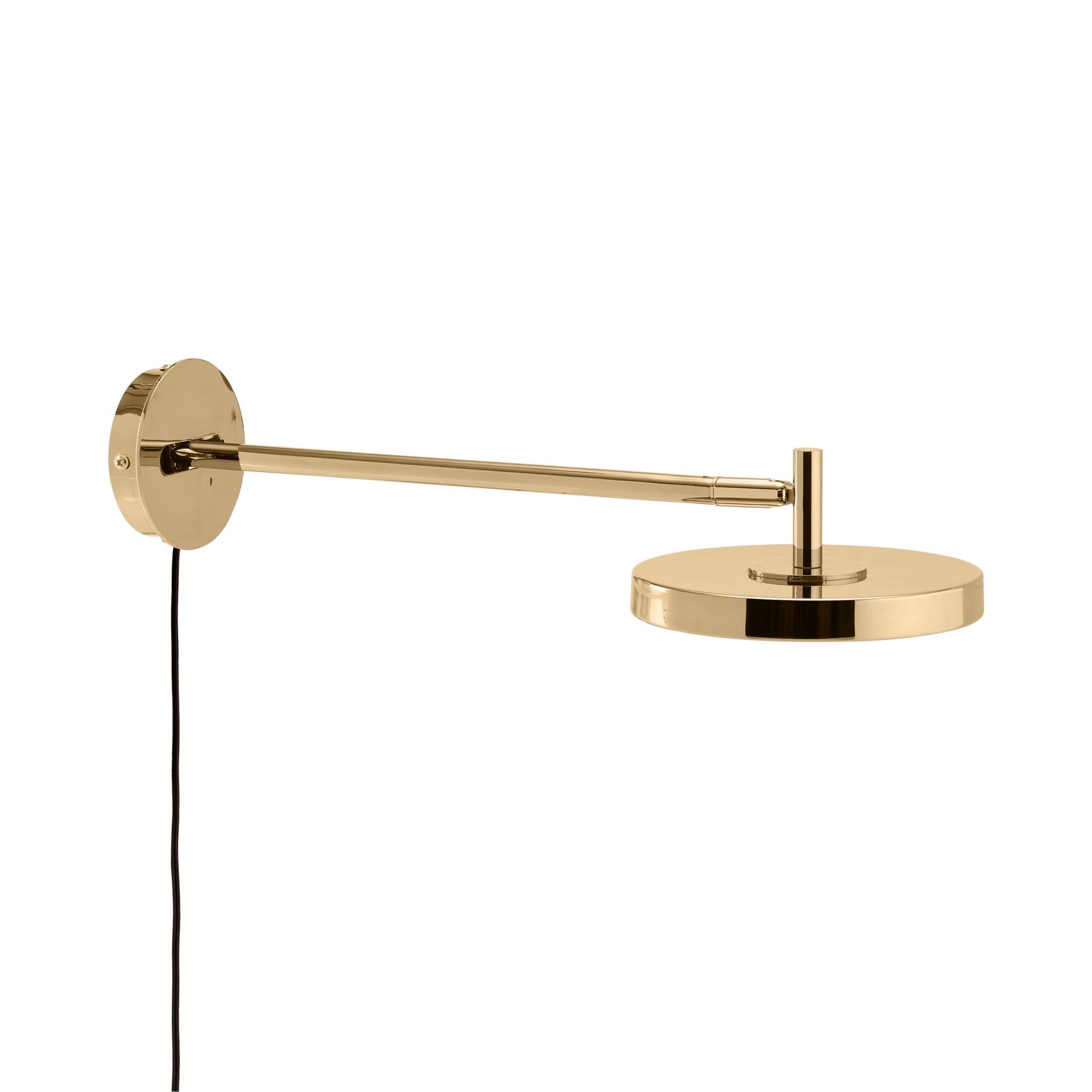 Moderne Asteria Wandleuchte long mit Kabel in glänzendem Messing, perfekt für eine stilvolle Raumgestaltung und stimmungsvolle Beleuchtung.