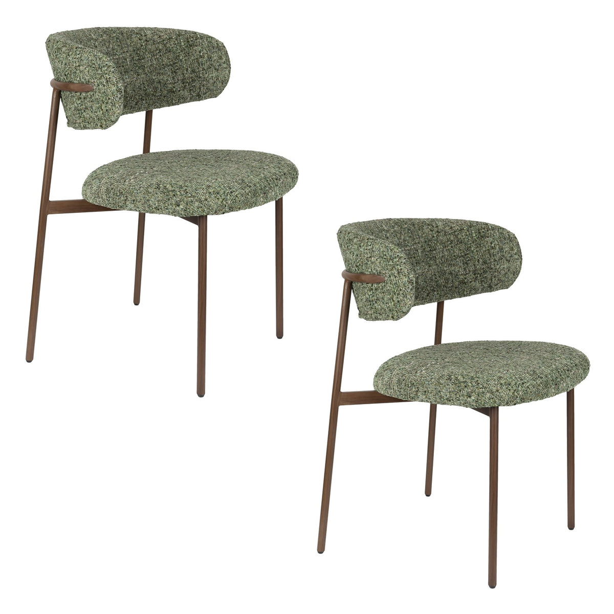 Stuhl Claes von White Label Living mit grünem Polyesterbezug, schwarzem Gestell und gepolstertem Sitz aus PU-Schaum.