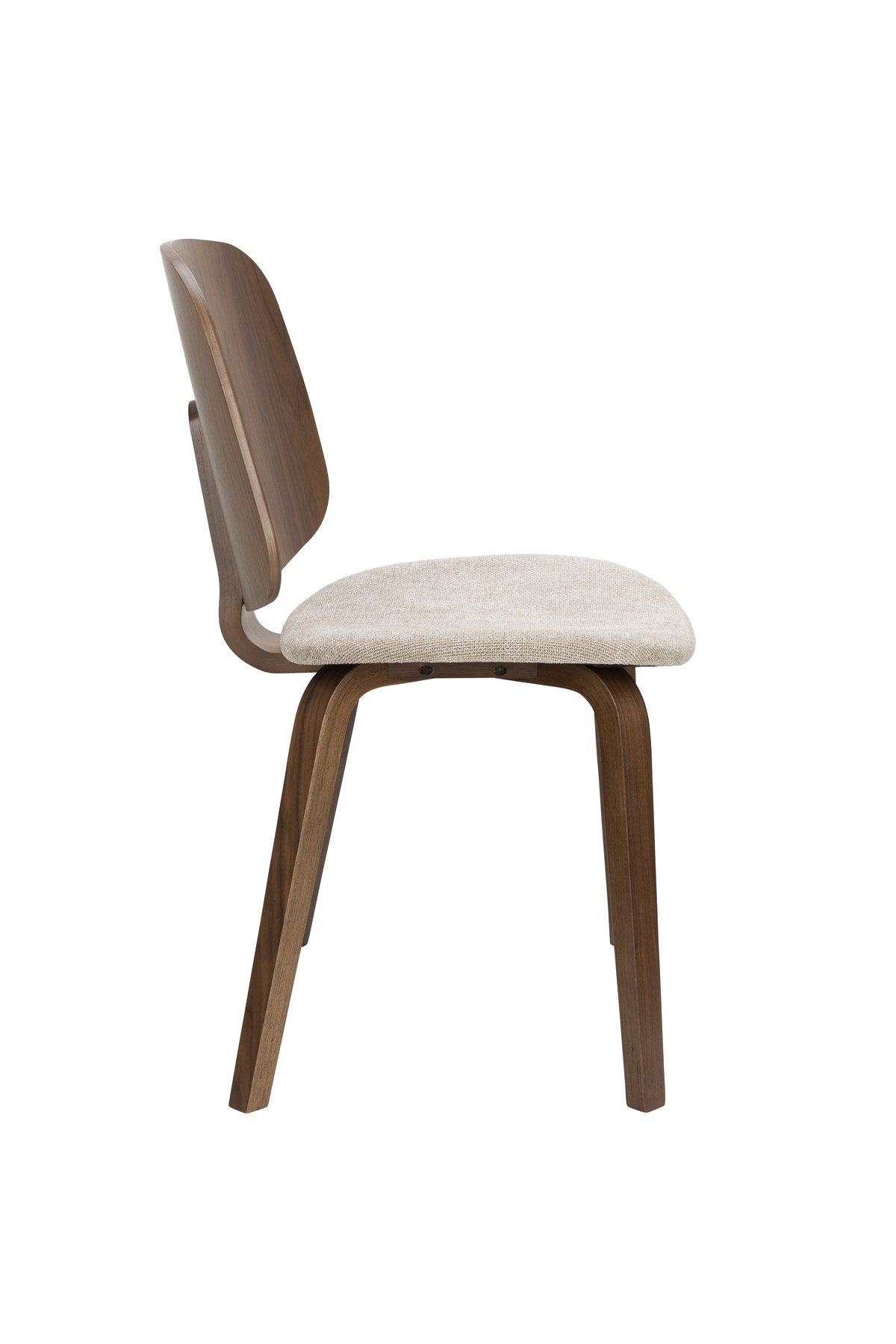 Foto eines beigen Stuhls mit gepolsterter Sitzfläche aus Polyester, Schaumstofffüllung und Beinen aus gebogenem Holz.