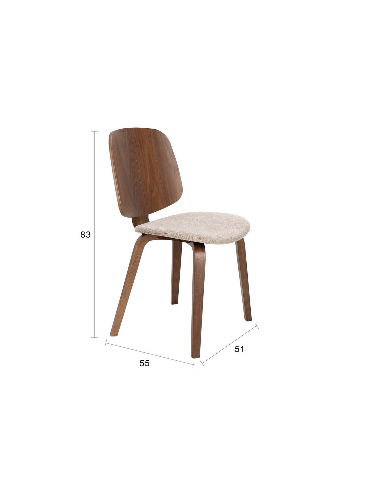 Foto eines beigen Stuhls mit gepolsterter Sitzfläche aus Polyester, Schaumstofffüllung und Beinen aus gebogenem Holz.