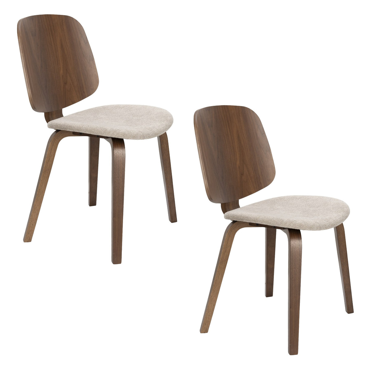 Foto eines beigen Stuhls mit gepolsterter Sitzfläche aus Polyester, Schaumstofffüllung und Beinen aus gebogenem Holz.