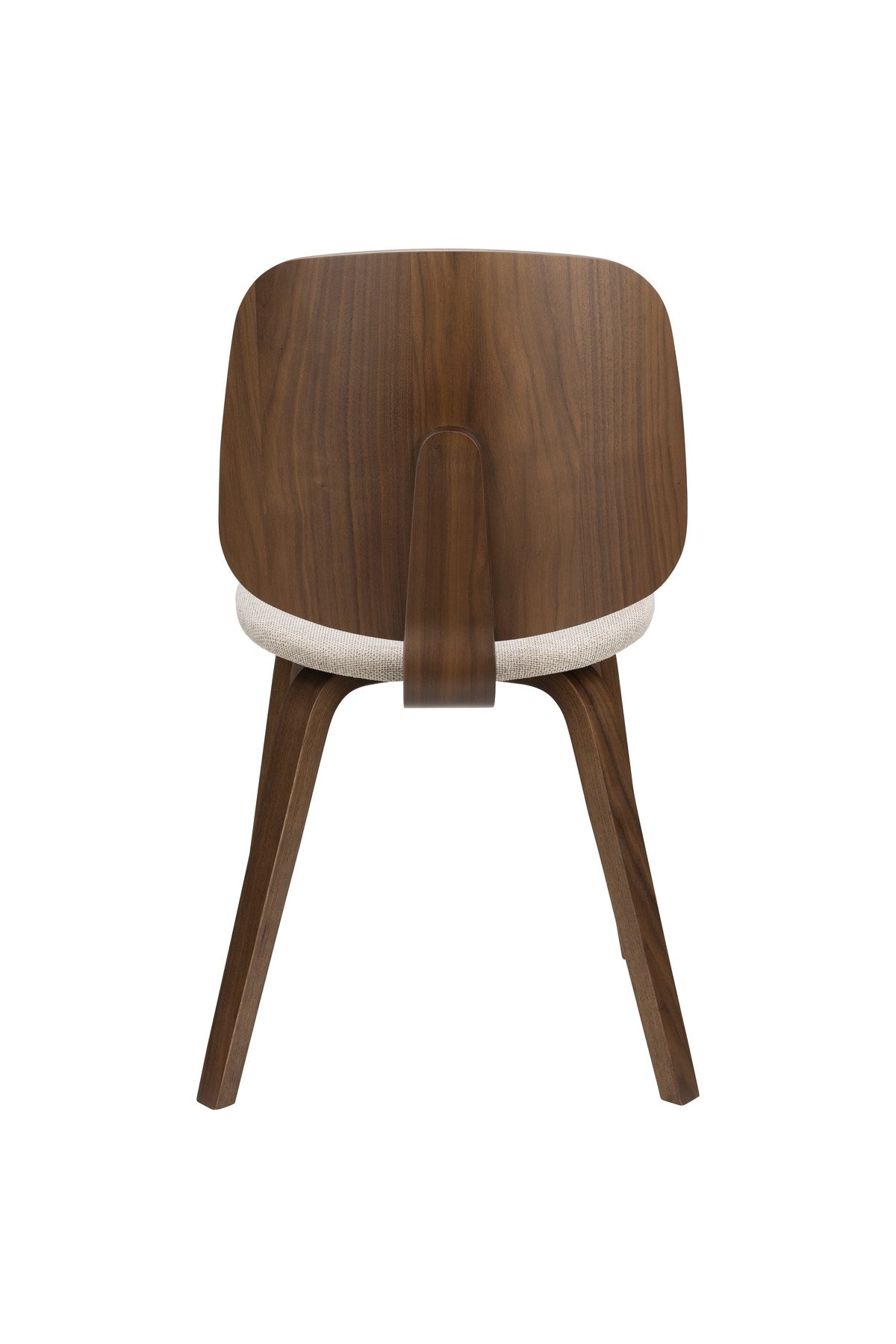 Foto eines beigen Stuhls mit gepolsterter Sitzfläche aus Polyester, Schaumstofffüllung und Beinen aus gebogenem Holz.